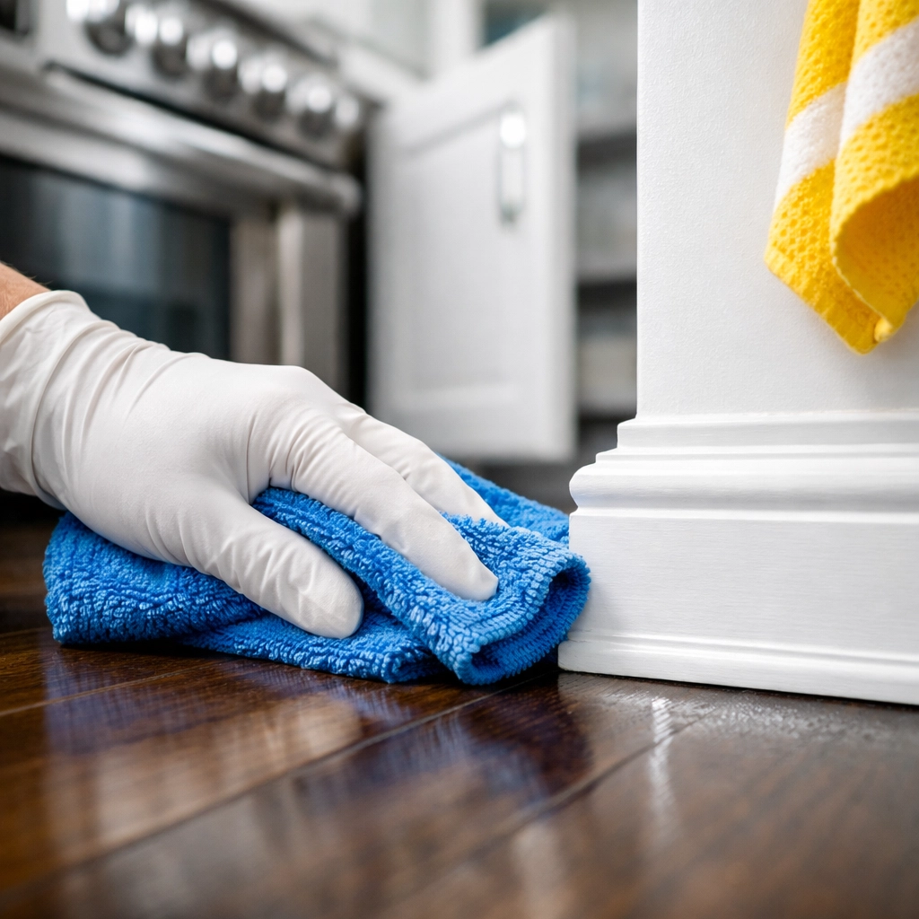 Spotless baseboards and dark wood floors in a Worcester home after a deep cleaning service.