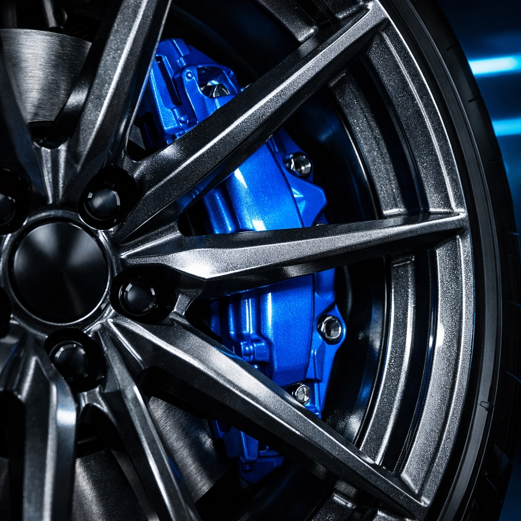 Gunmetal grey wheel with custom electric blue powder coated brake calipers for a sleek finish.