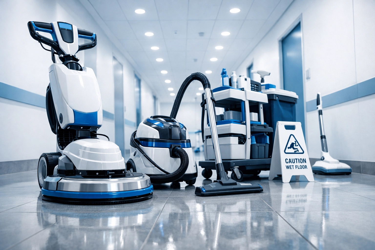 Professional floor scrubbing machine in a bright office hallway for commercial janitorial services.
