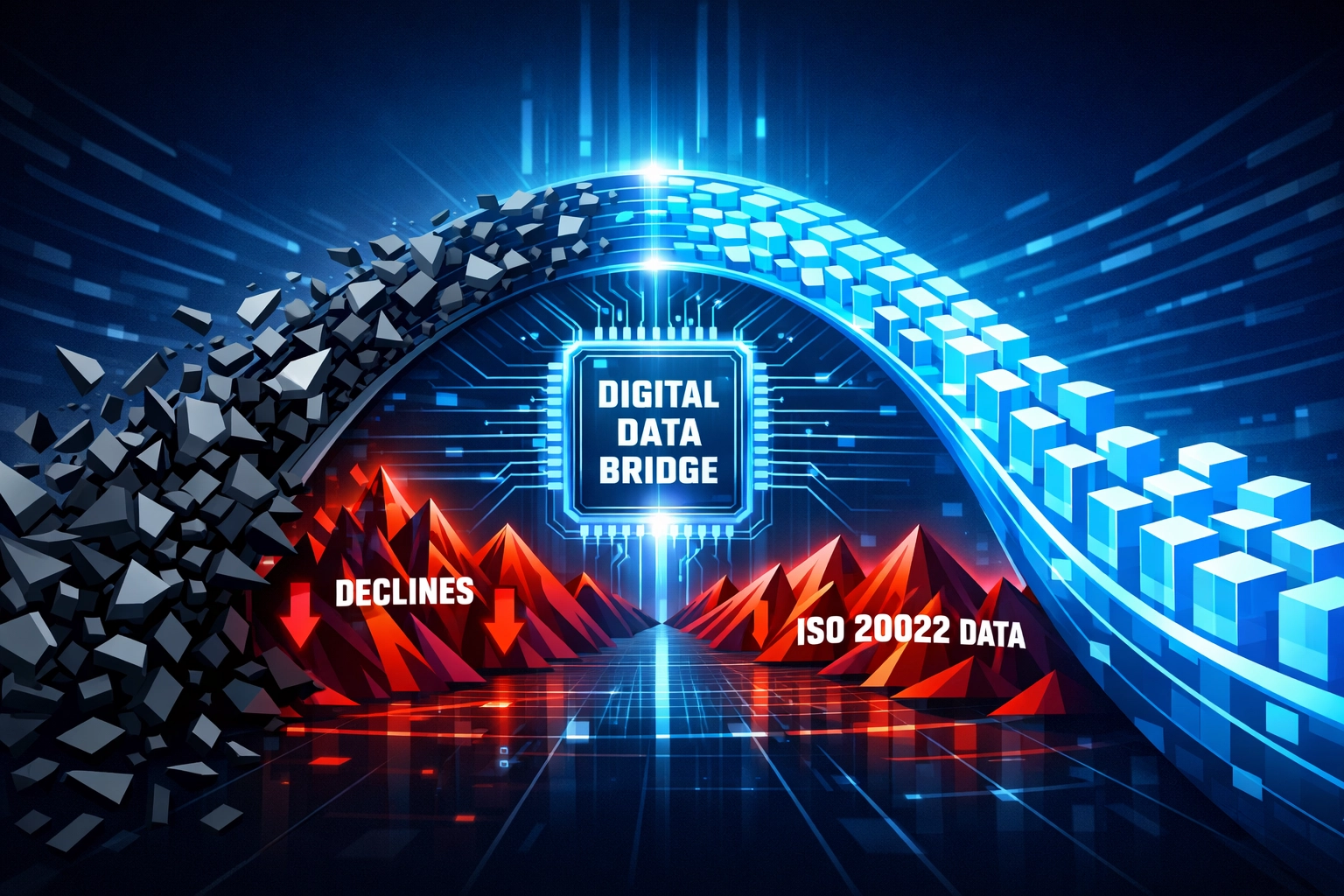 Digital bridge showing ISO 20022 data processing overcoming payment declines for merchant revenue recovery.
