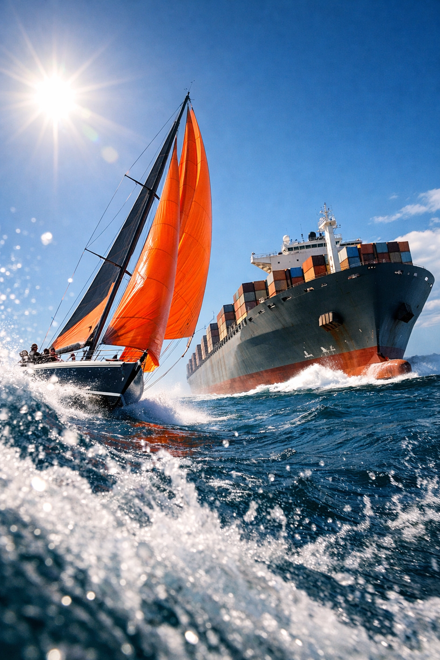 A fast sailboat passing a large cargo ship, illustrating small business agility when launching global ads on a budget.