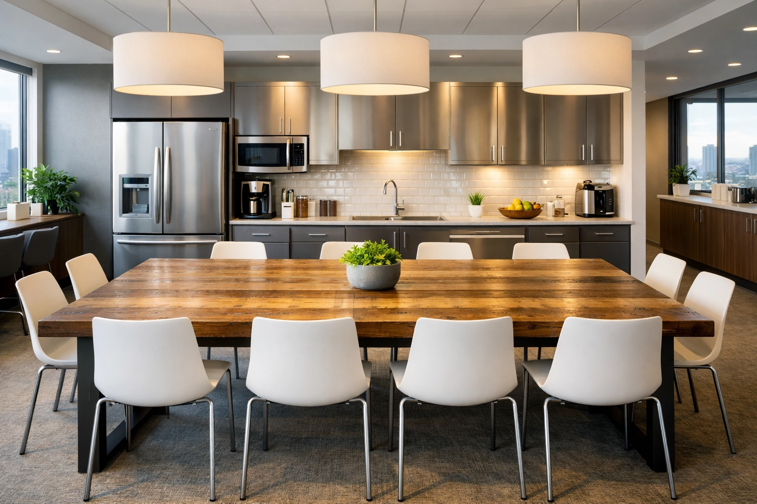 Professionally cleaned office breakroom and kitchenette in an Indianapolis business center.