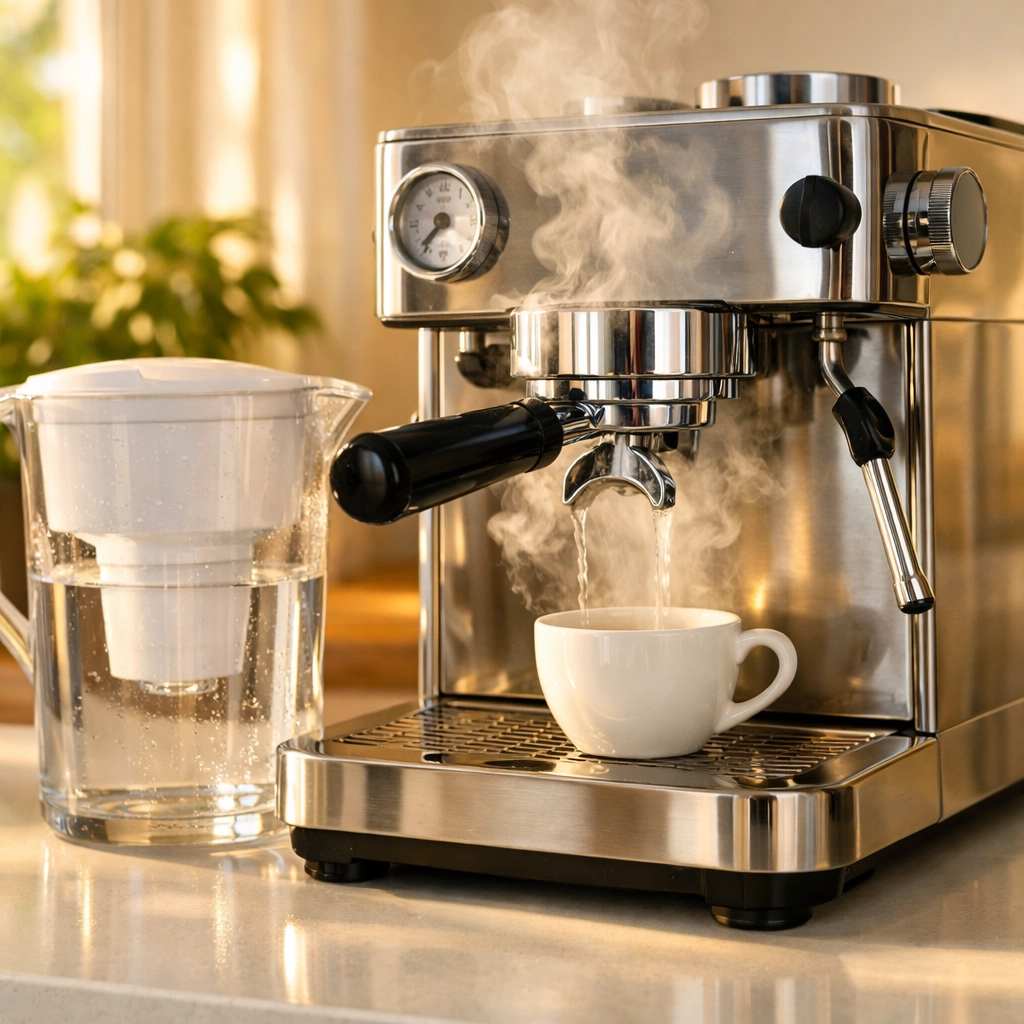 Home espresso machine with water filter pitcher for optimal coffee extraction