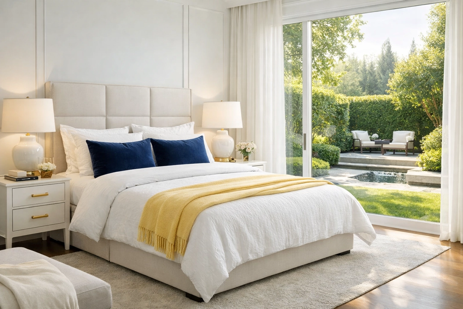 A serene, spotless master bedroom suite showing the benefits of regular residential cleaning Massachusetts services.