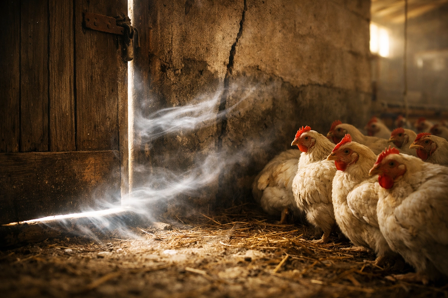 Infiltration d'air par fissures dans poulailler causée par pression statique élevée