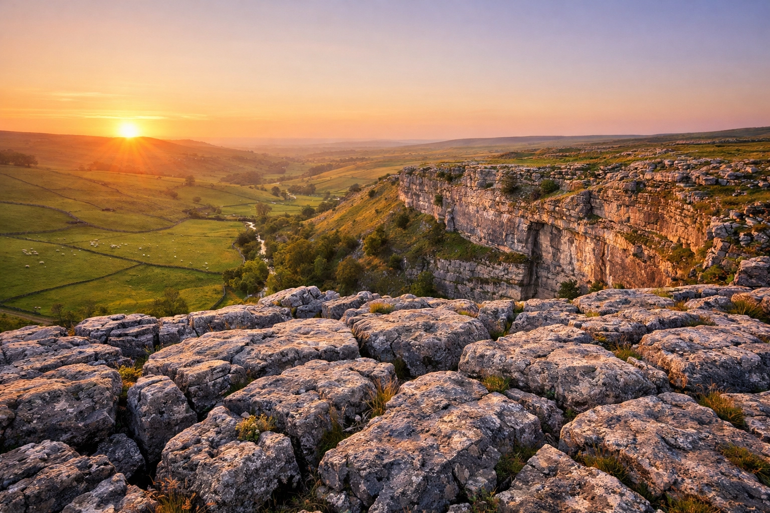Sunset over Malham Cove in the Yorkshire Dales, a serene location for a dignified cremation ashes scattering ceremony.