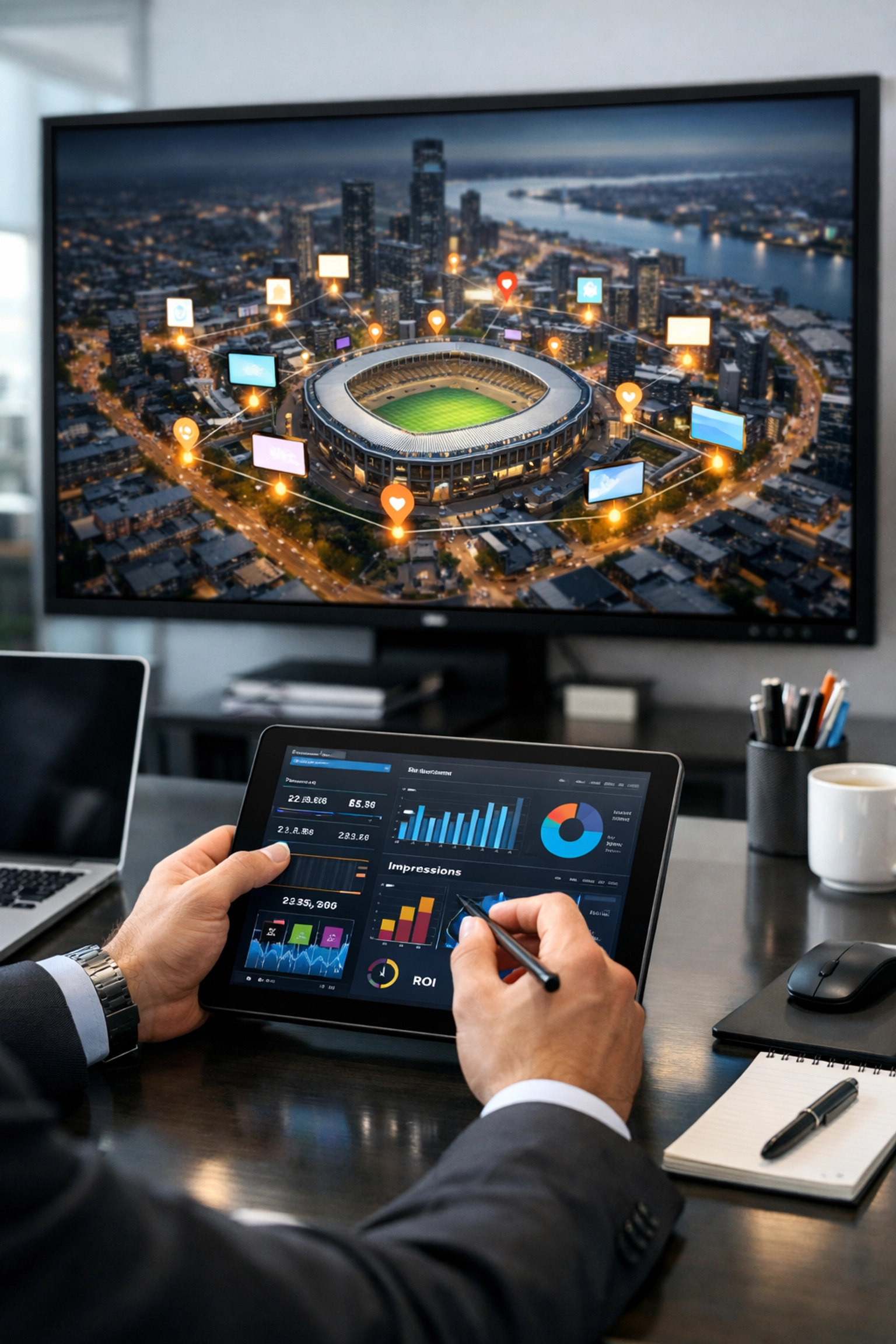 Professional media buyer managing programmatic DOOH advertising placements near a major sports stadium.