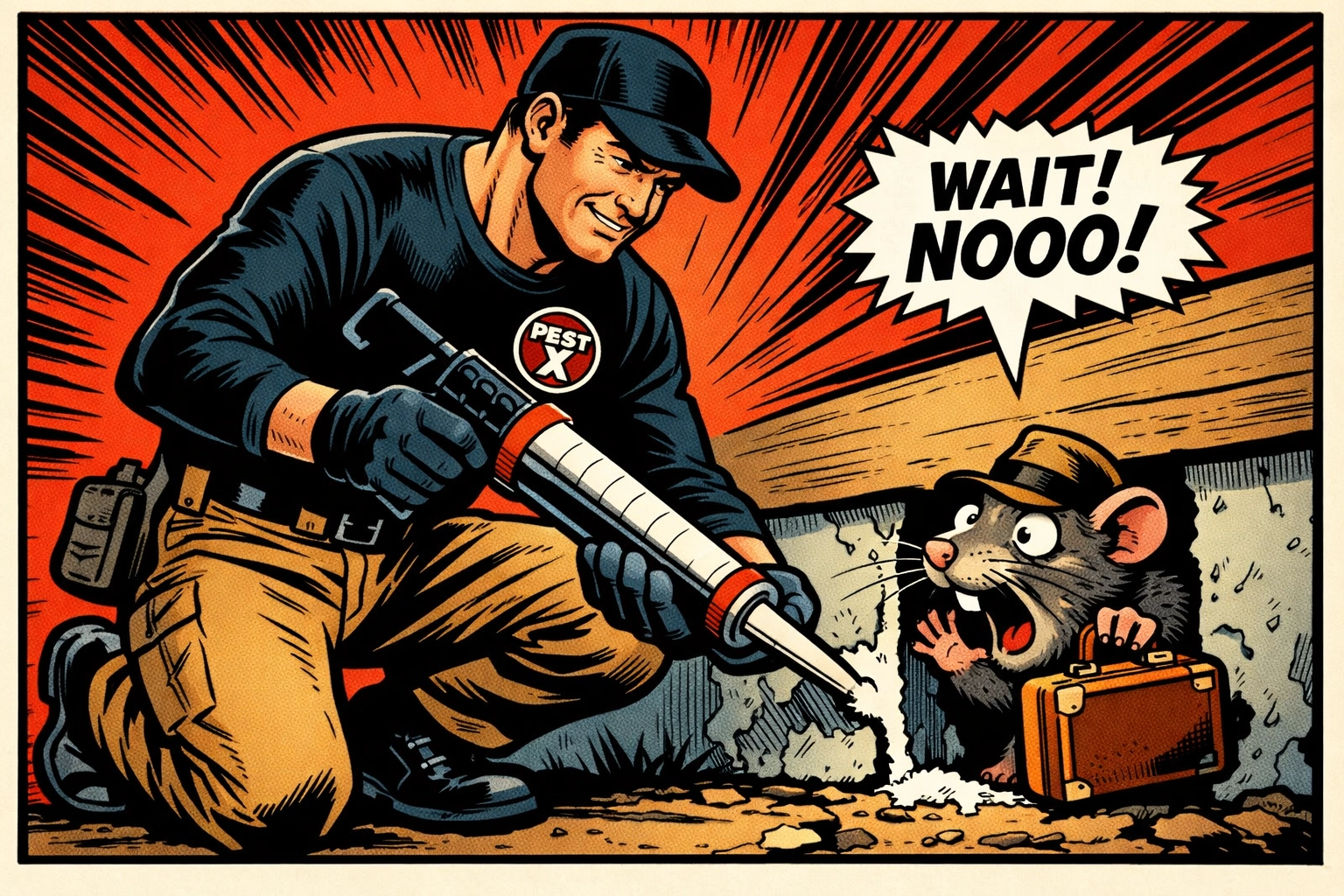 Professional pest control technician performing exclusion by sealing rodent entry points in a Jasper home foundation.