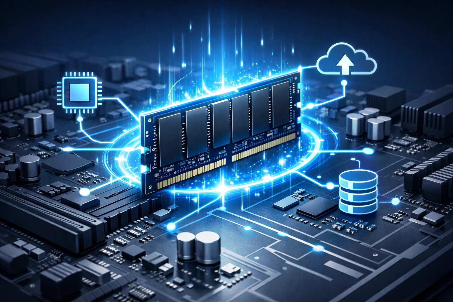 A glowing RAM module on a computer motherboard illustrating a hardware upgrade for faster multitasking.