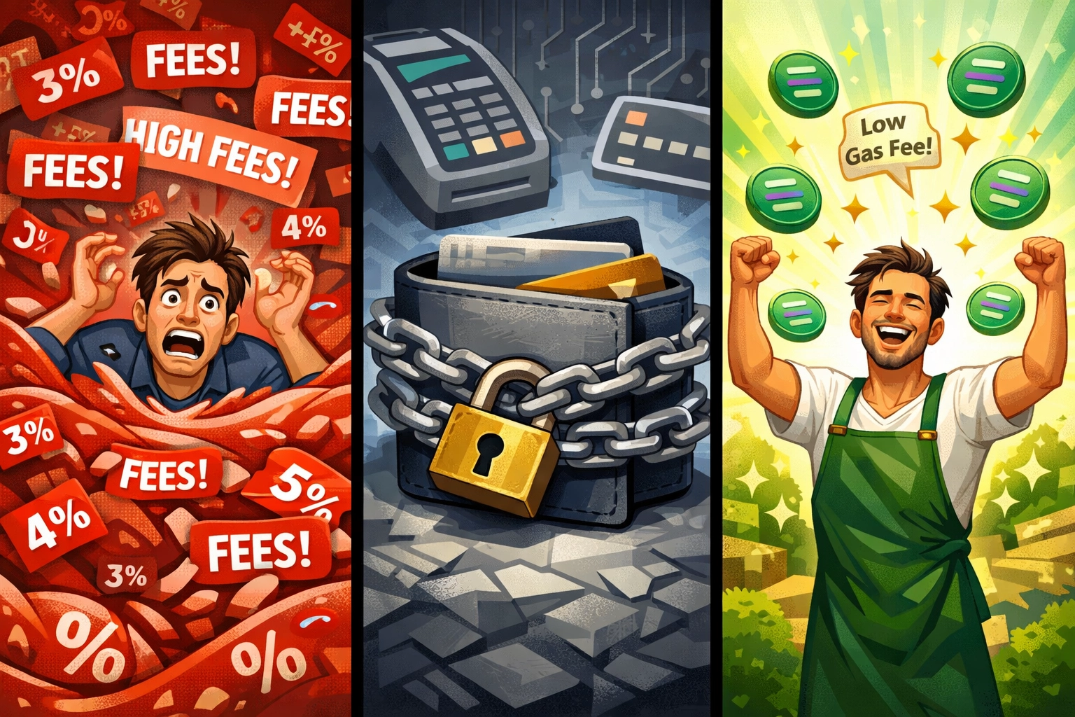 Comparison of crypto payment fees showing custodial vs self-custody merchant solutions