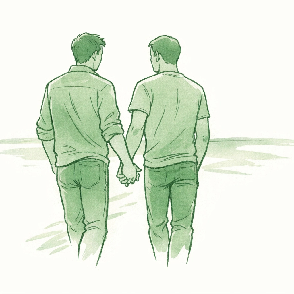 Two men walking together toward the horizon, starting a new emotional journey in gay fiction.