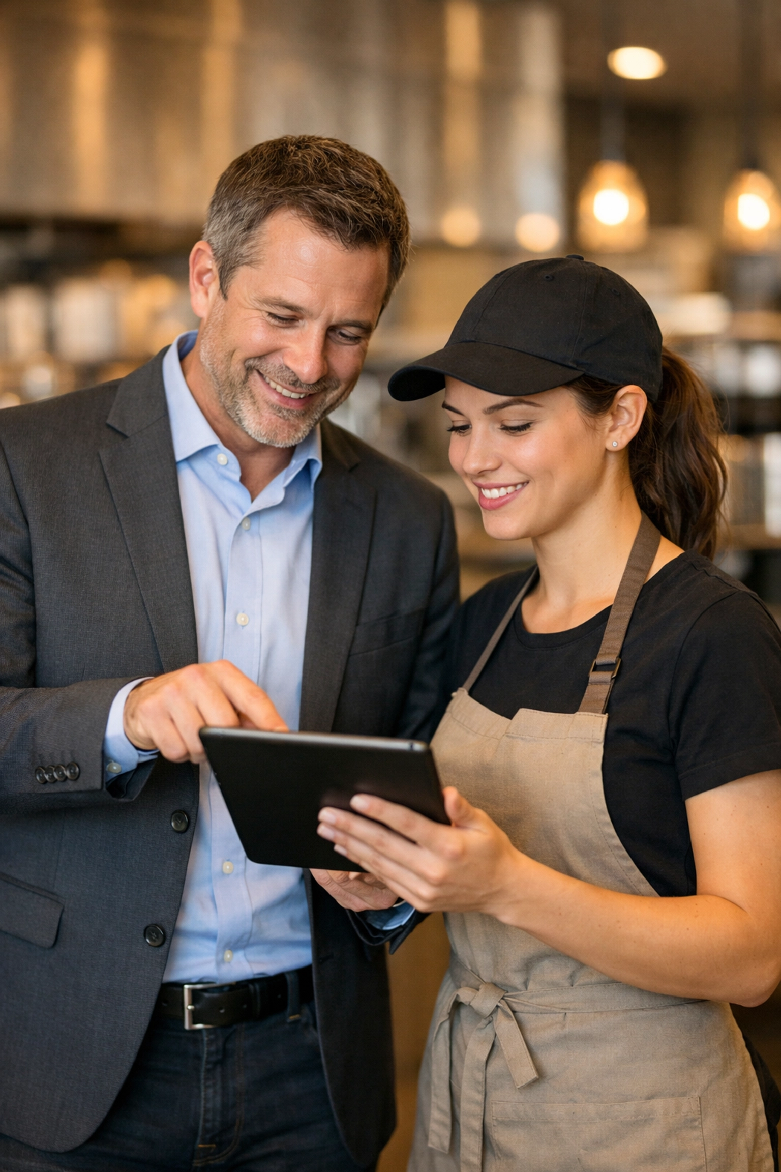 Restaurant manager and employee reviewing alcohol service safety protocols on a digital tablet.