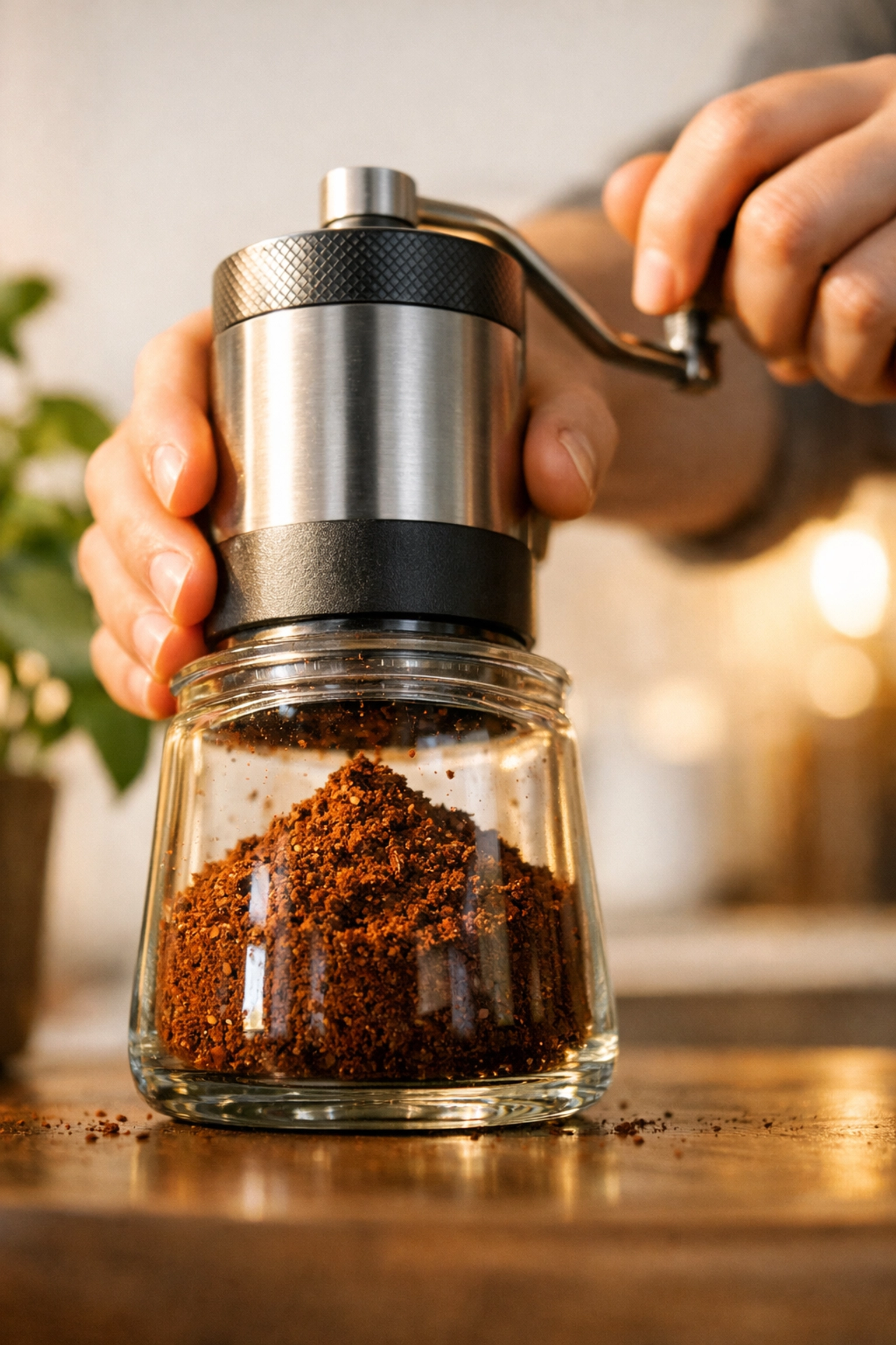 Manual coffee grinder with fresh grounds, highlighting the importance of grinding before brewing.