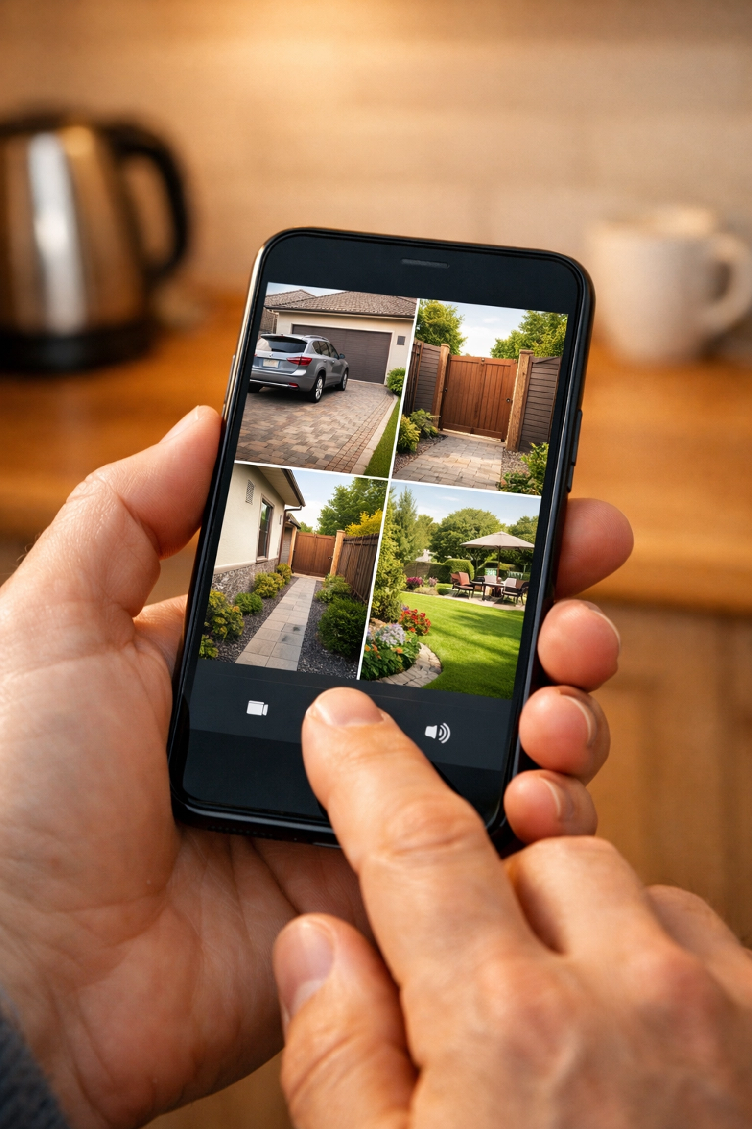 Homeowner using a smartphone app to view live high-definition security camera feeds in Nailsea.