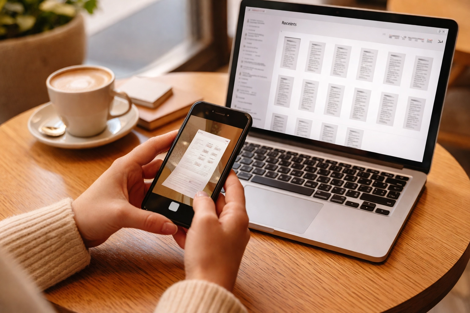 Hands photograph a receipt with a smartphone, organizing expenses and digital files for bookkeeping clarity.