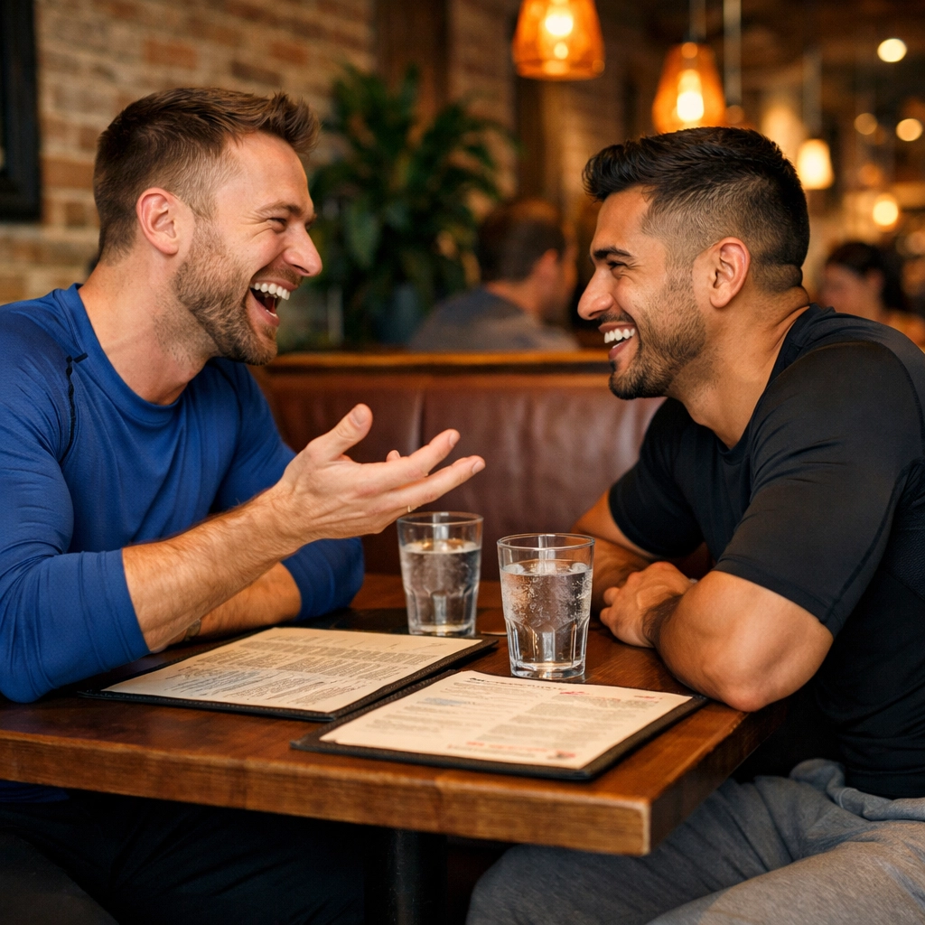 Gay couple on first dinner date after gym, laughing together in casual restaurant