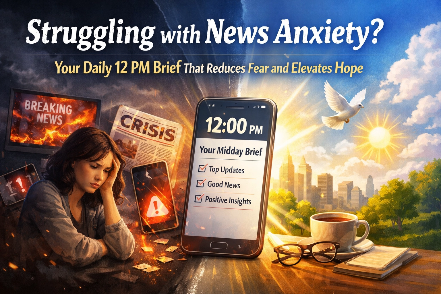 [HERO] Struggling with News Anxiety? Your Daily 12 PM Brief That Reduces Fear and Elevates Hope
