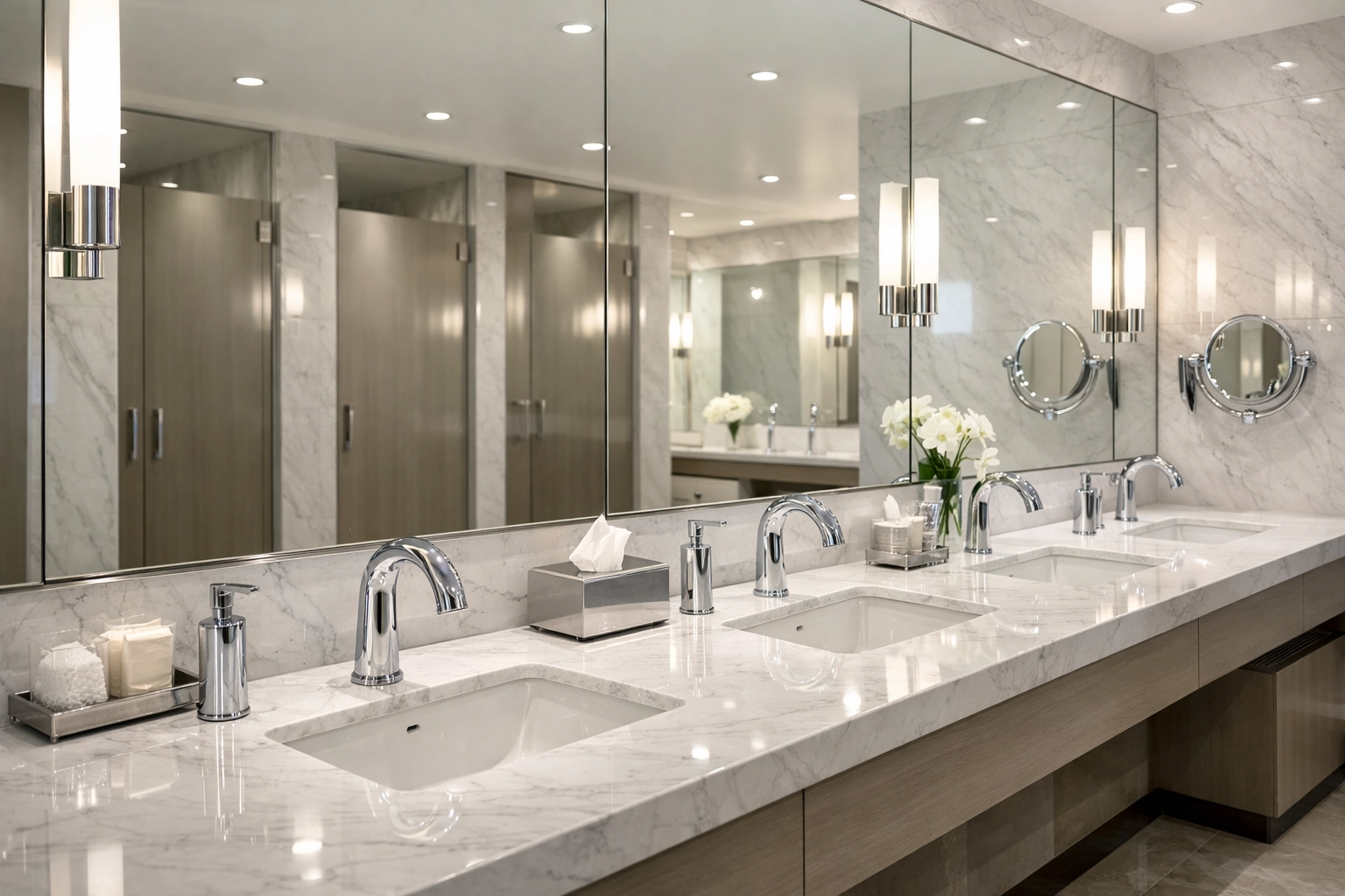 Sanitized commercial restroom in Sharon featuring sparkling chrome fixtures and clean marble counters.