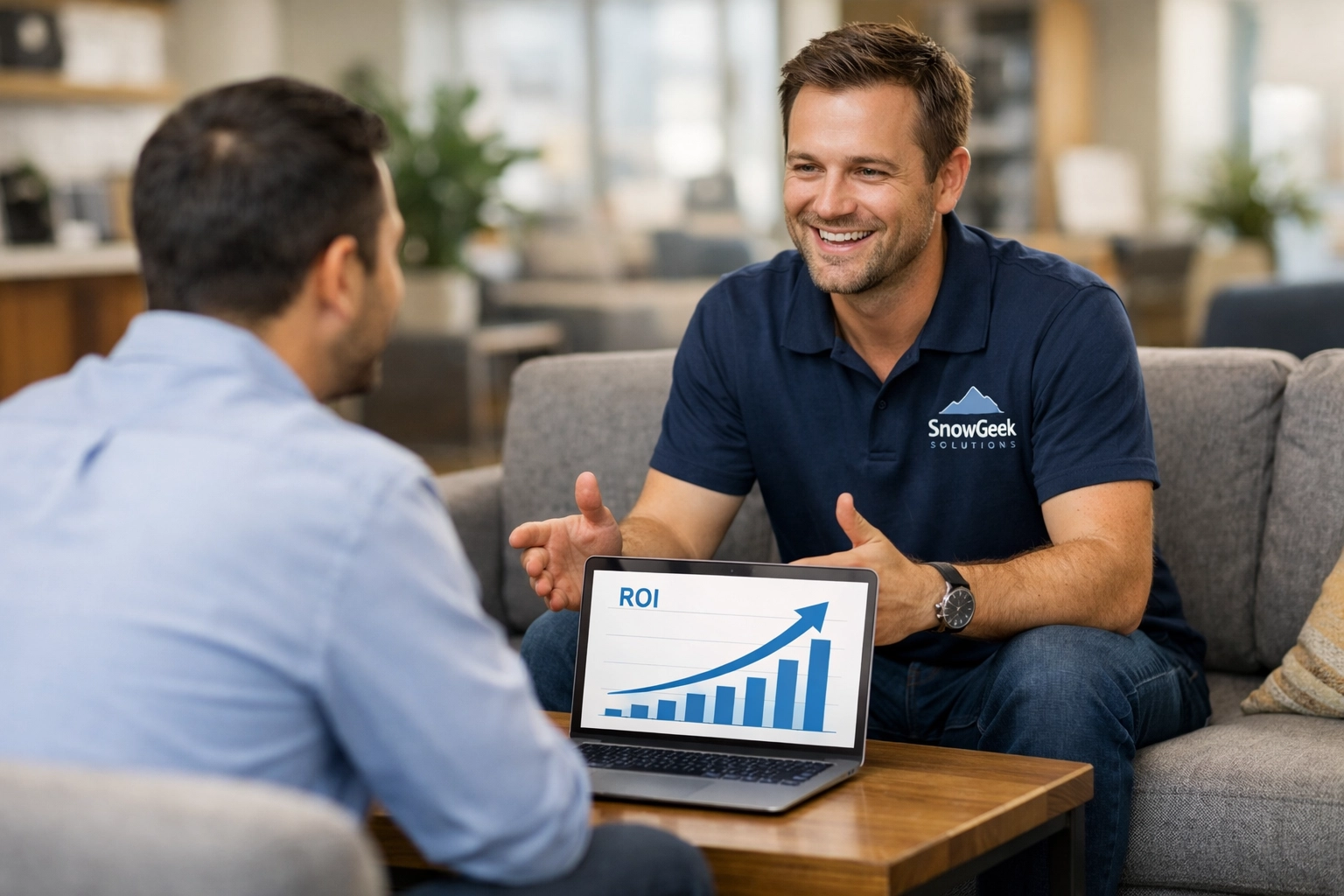Consultant showing a client a ServiceNow ROI growth chart during an ITOM strategy meeting.