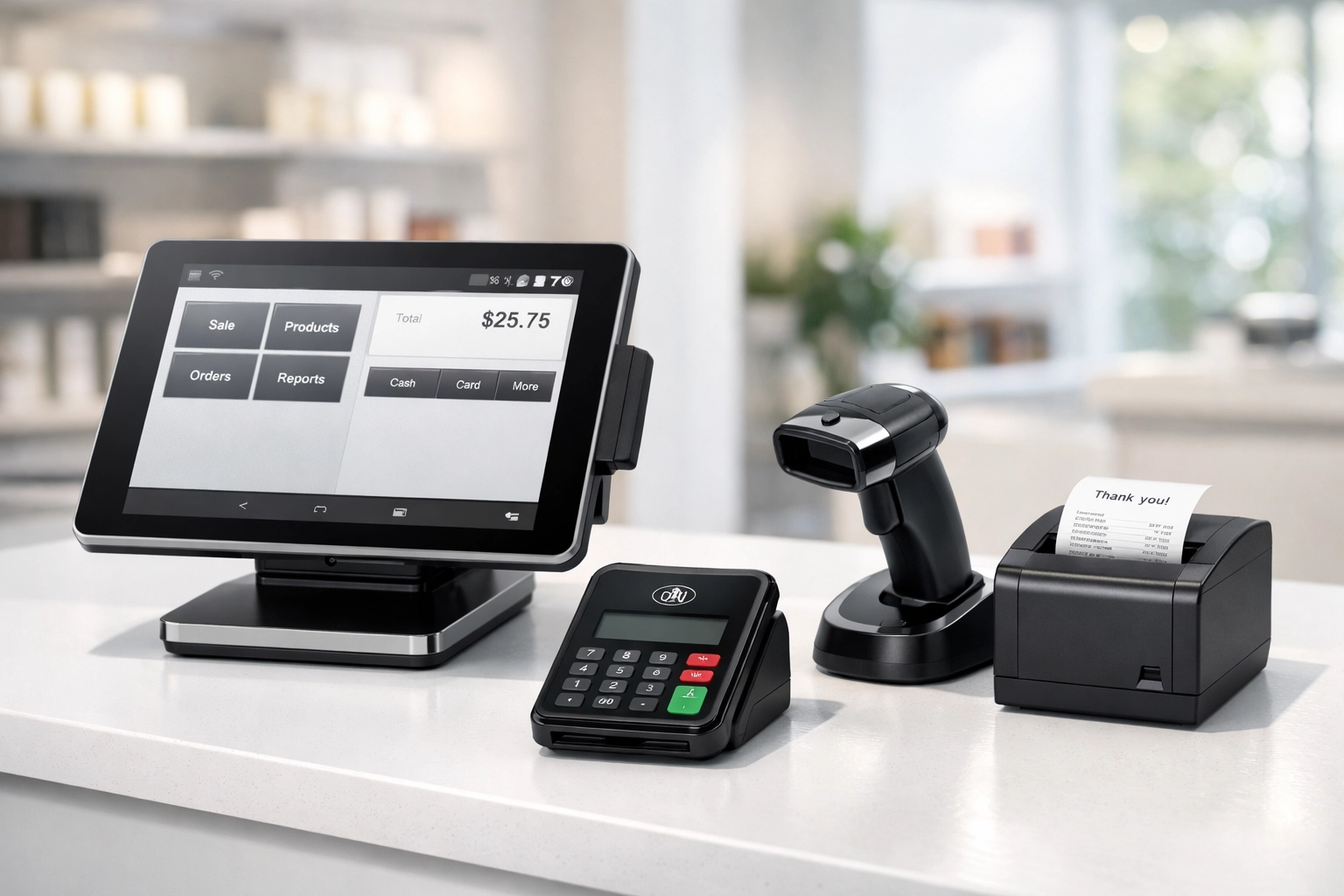 Complete EPOS hardware setup with POS terminal, card reader, and barcode scanner