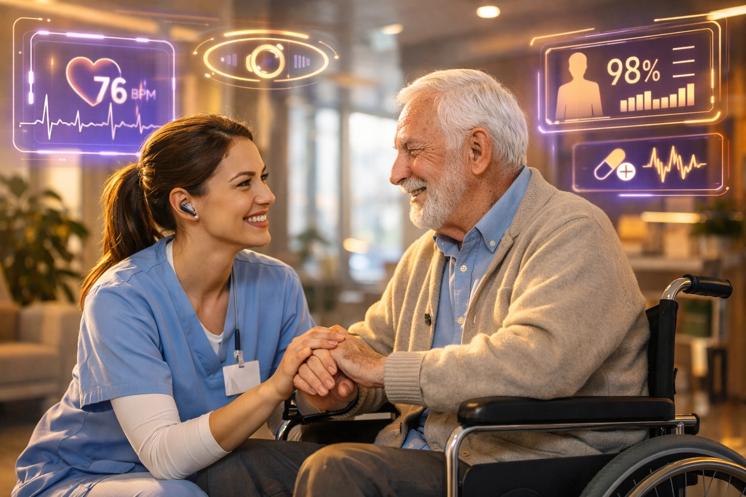 Moderne KI im Gesundheitswesen unterstützt die Pflegekraft bei der persönlichen Patientenbetreuung.