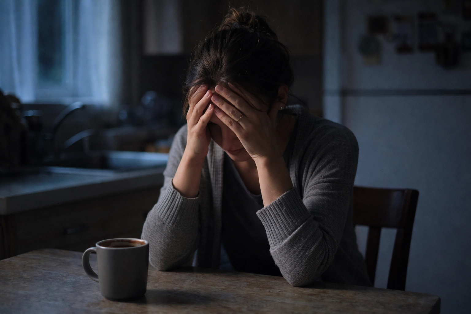 A woman sits alone at a kitchen table, illustrating emotional distress and spiritual warfare in marriage.