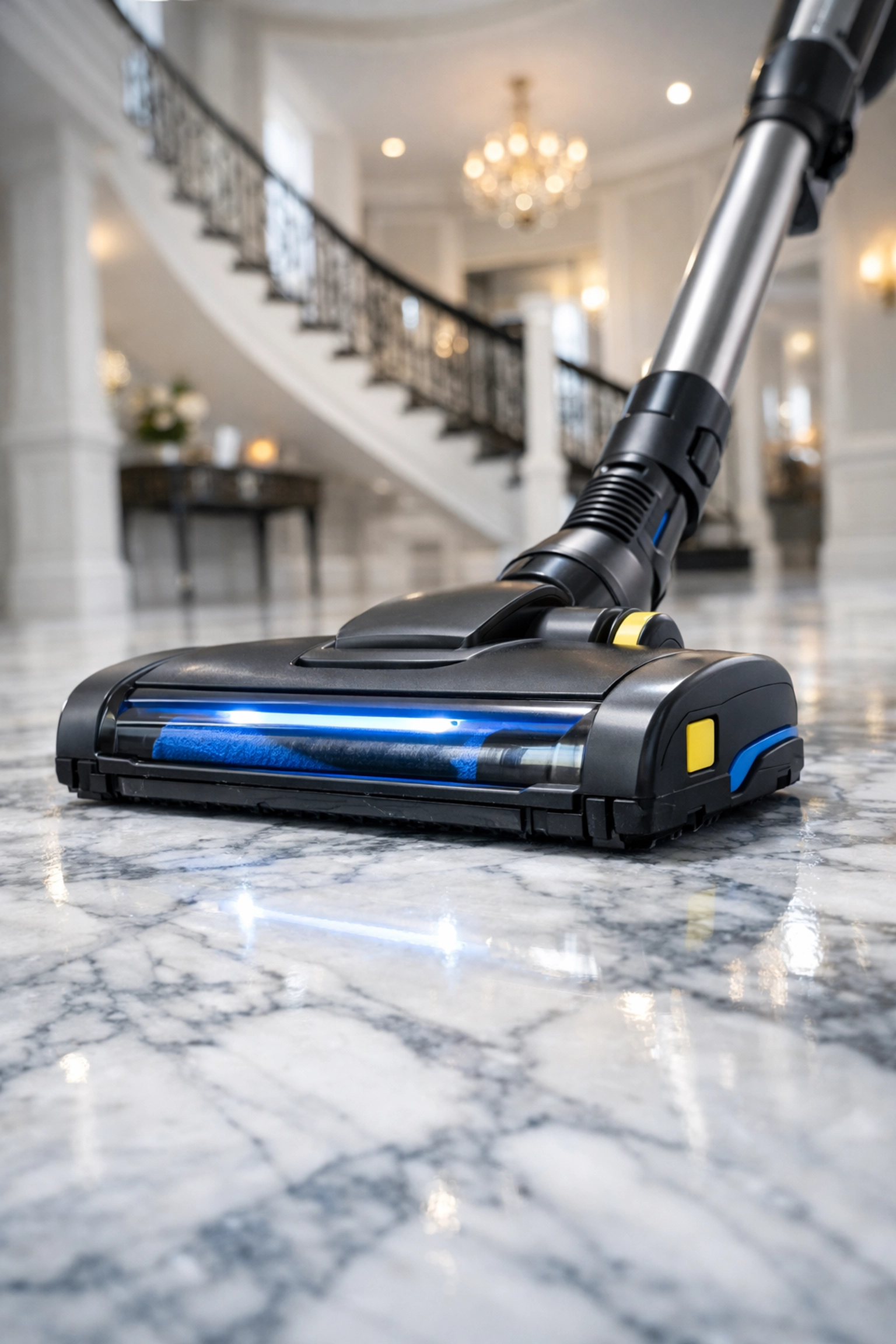High-tech vacuum deep cleaning marble floors in a Dover estate for residential cleaning Massachusetts.