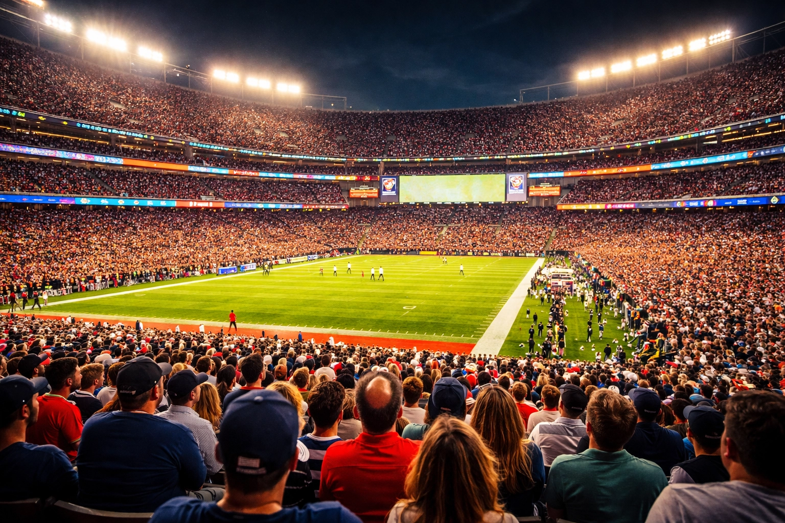 Packed sports stadium showcasing sponsor activations and brand partnerships during a live event