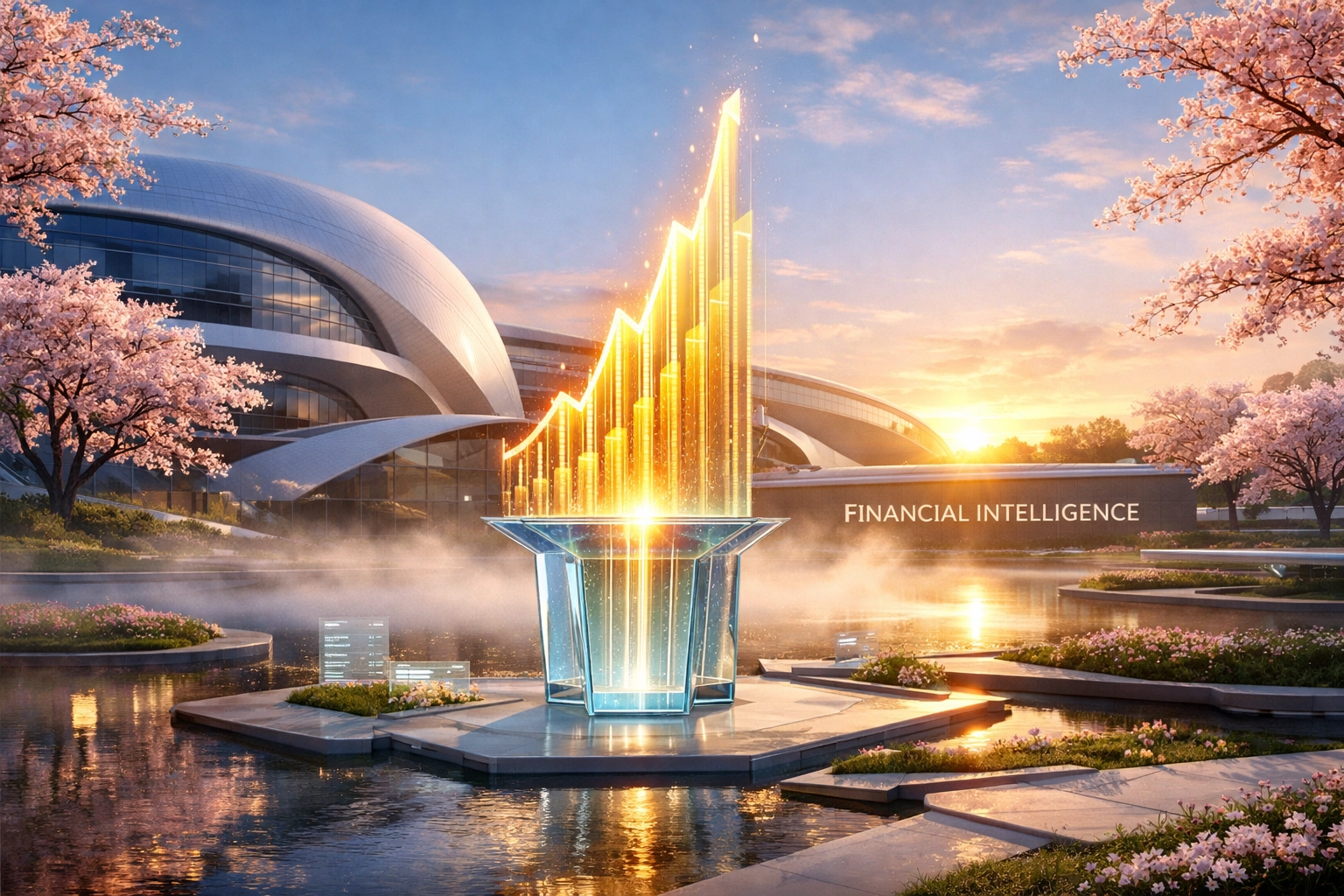 Golden holographic charts rising above spring blossoms symbolizing small business optimism and growth.