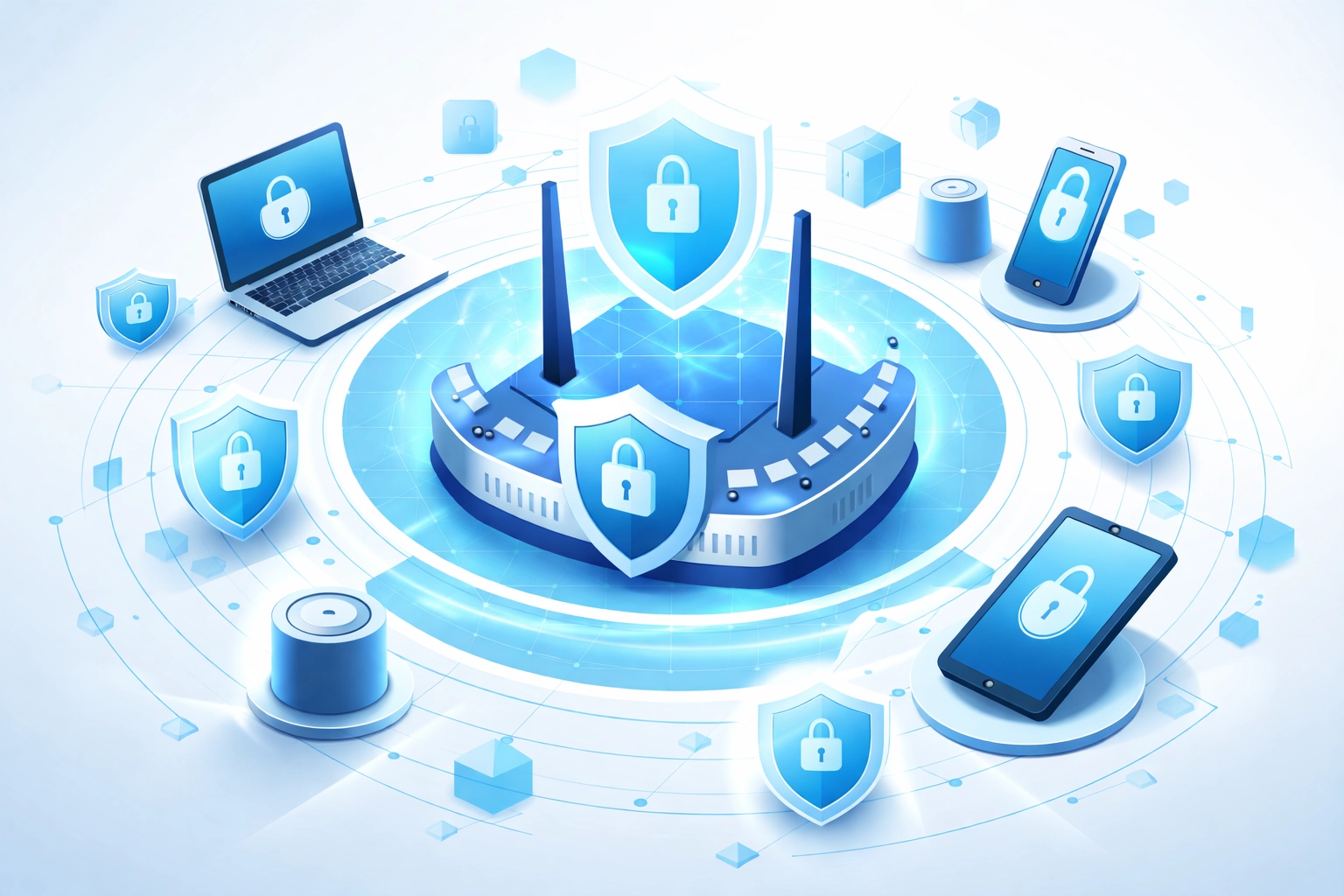 Secured WiFi router surrounded by connected devices emphasizing network security best practices for businesses
