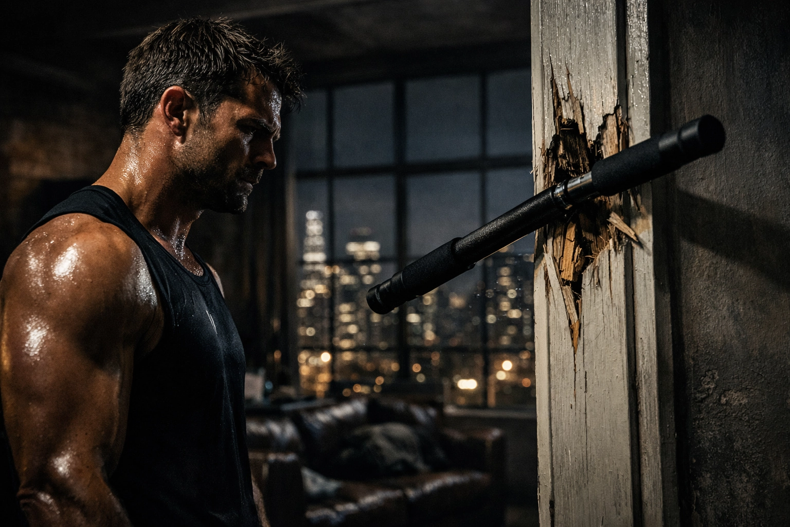 An athlete frustrated by a slipped door pull-up bar and damaged wood frame in a home gym.