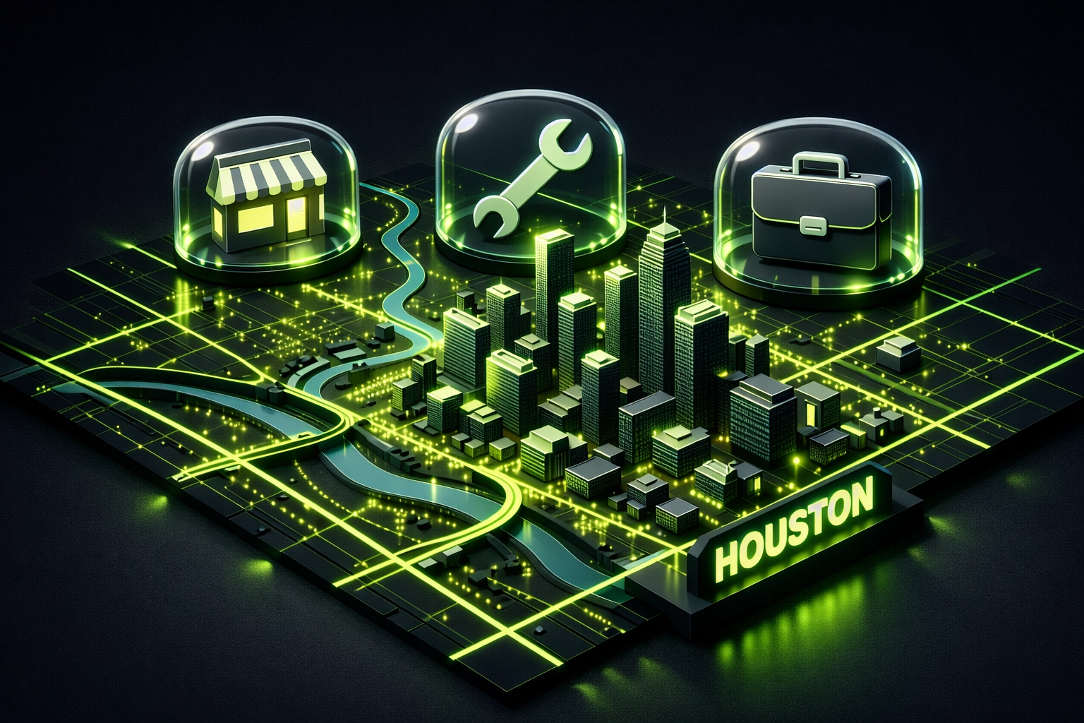 Digital map of Houston highlighting micro-business locations for SEO directory listings.