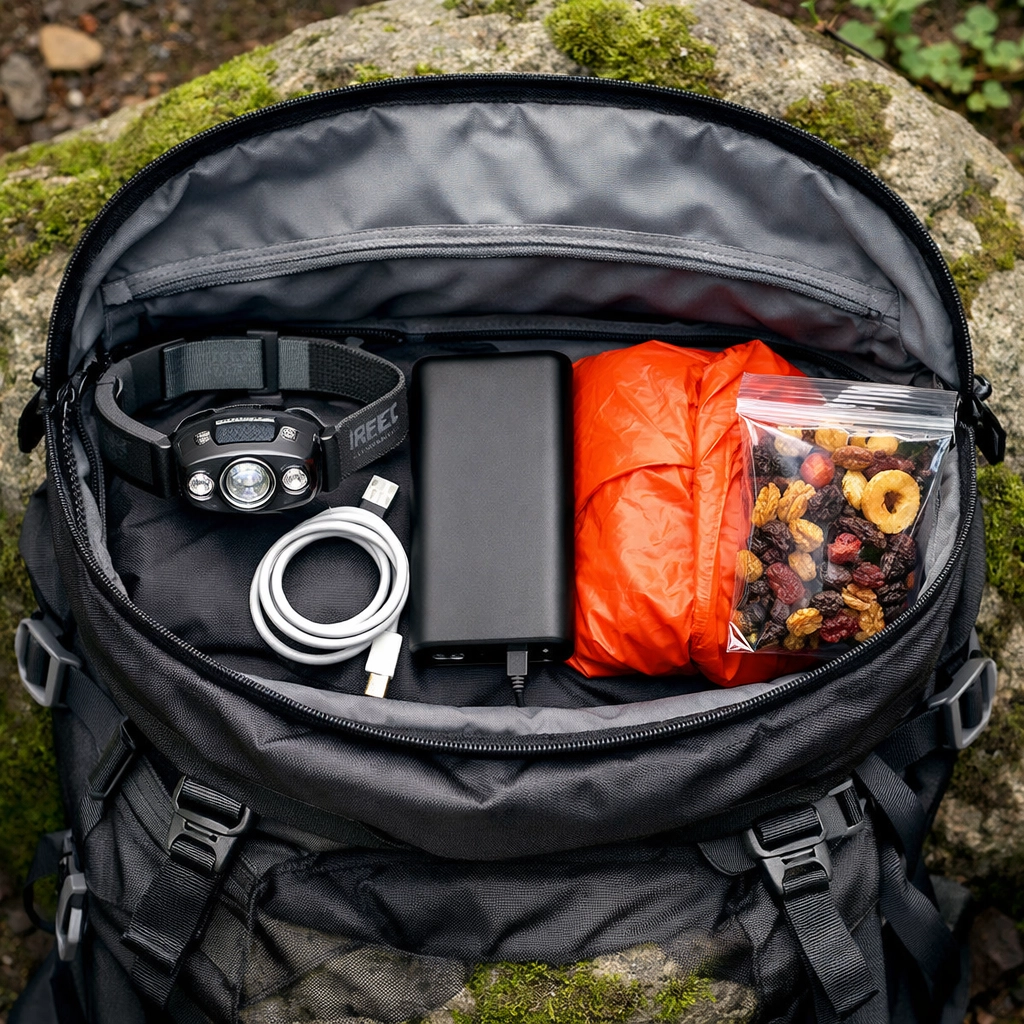 Organized hiking backpack lid showing essential gear for a wild camping adventure in the UK.