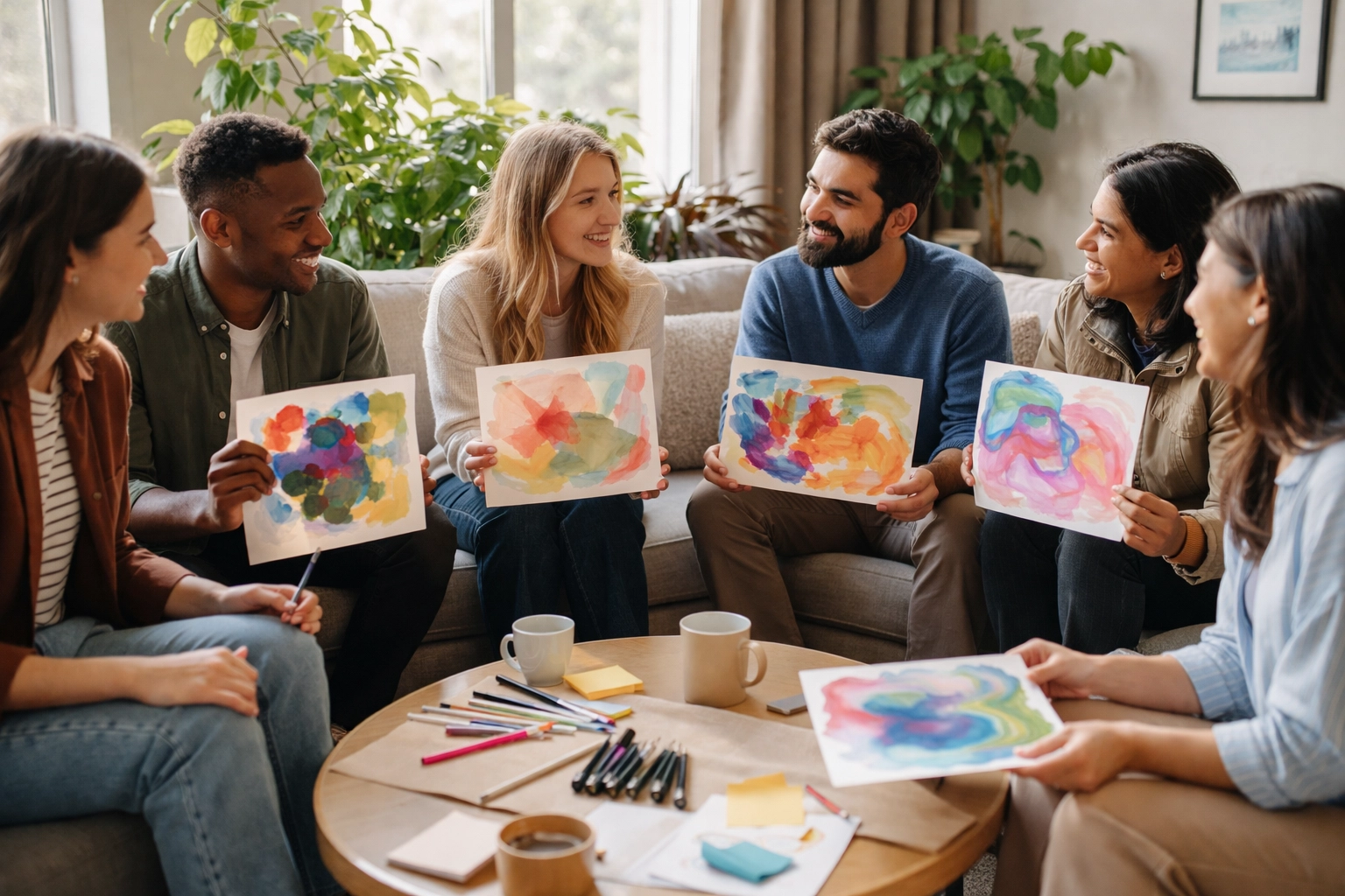 Employees sharing and discussing abstract art in a modern meeting room during an in-person creative team building session.