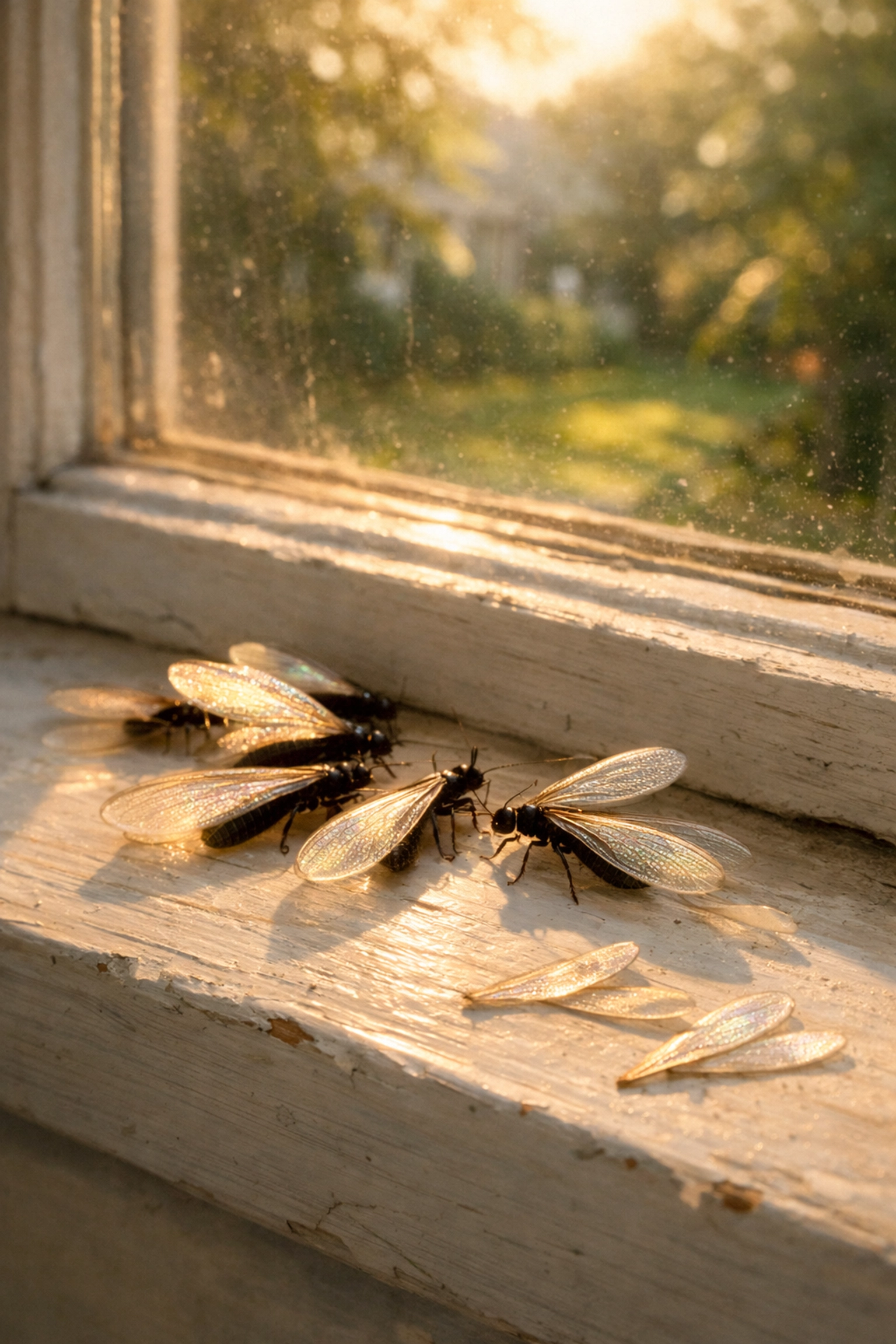 Winged termite swarmers and shed wings on a windowsill, a common sign of infestation in Westchester.