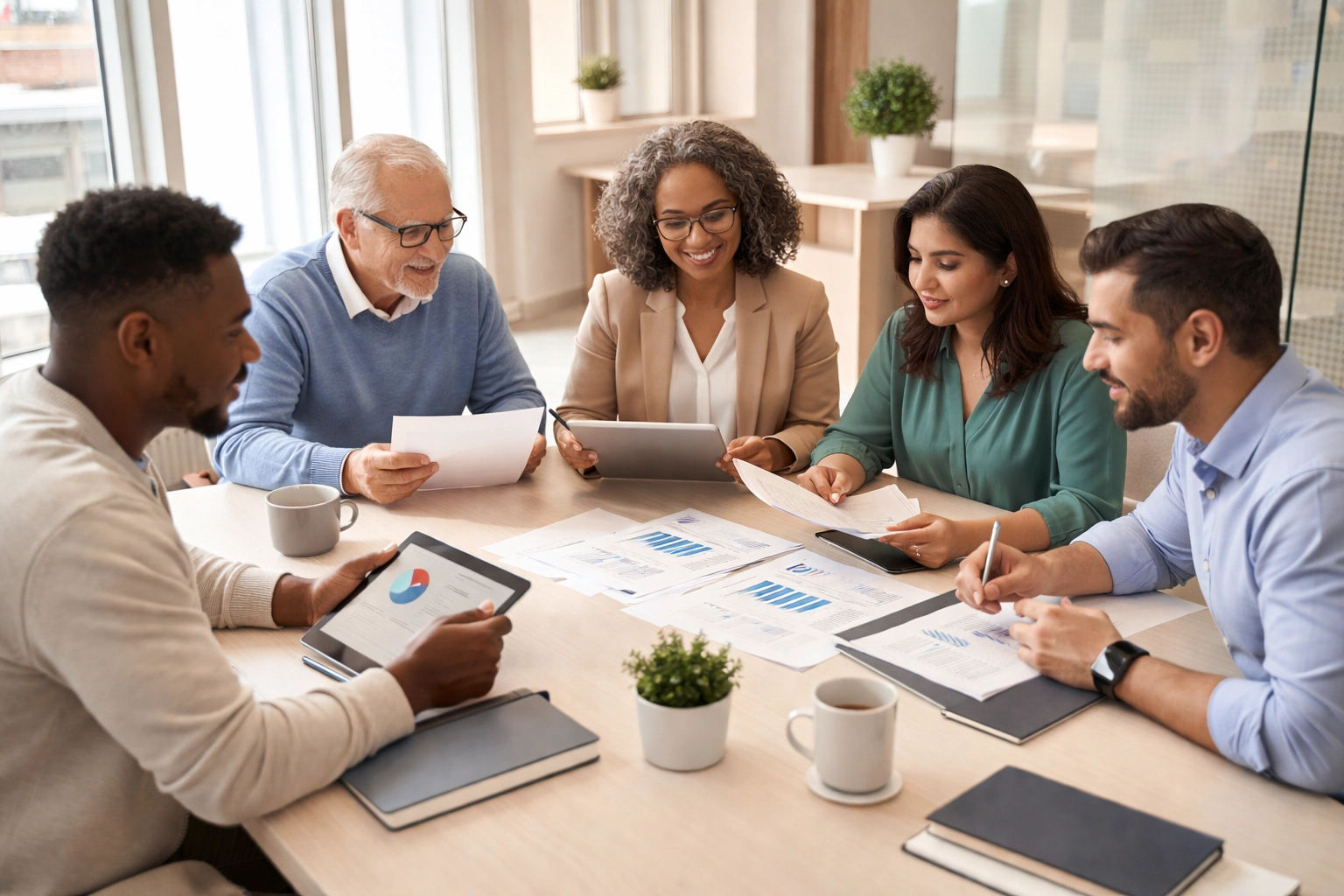 Group of Martin County educators reviewing retirement investment plans together at a conference table