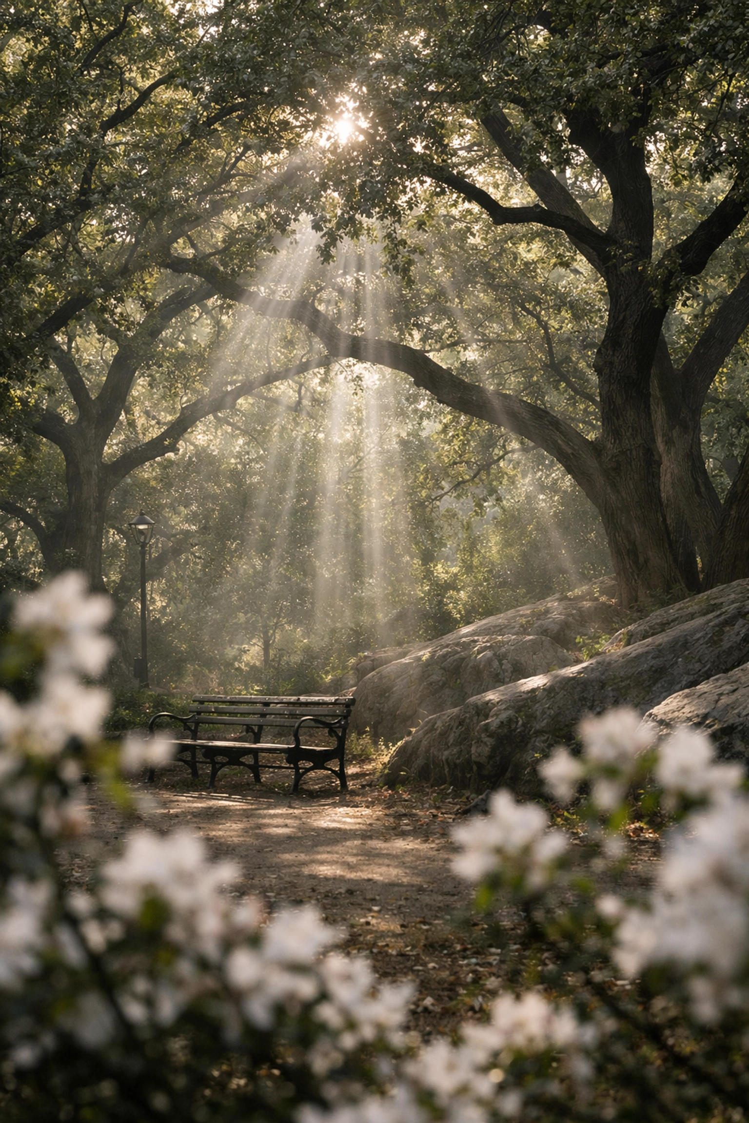 Fine art photography capturing atmospheric sunlight and soft haze through trees in Central Park for an ethereal look.