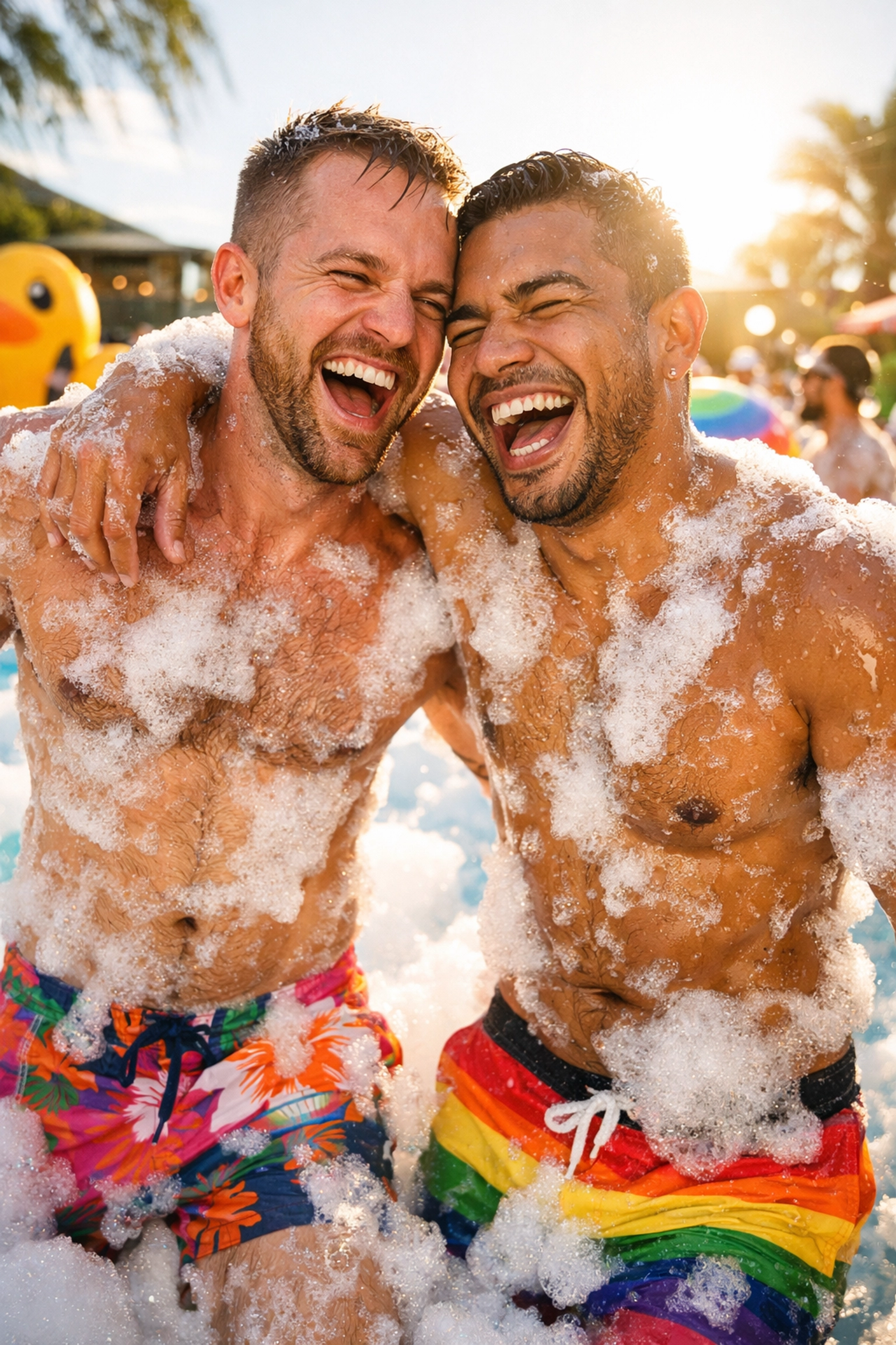 Two men celebrating friendship at LGBTQ foam pool party