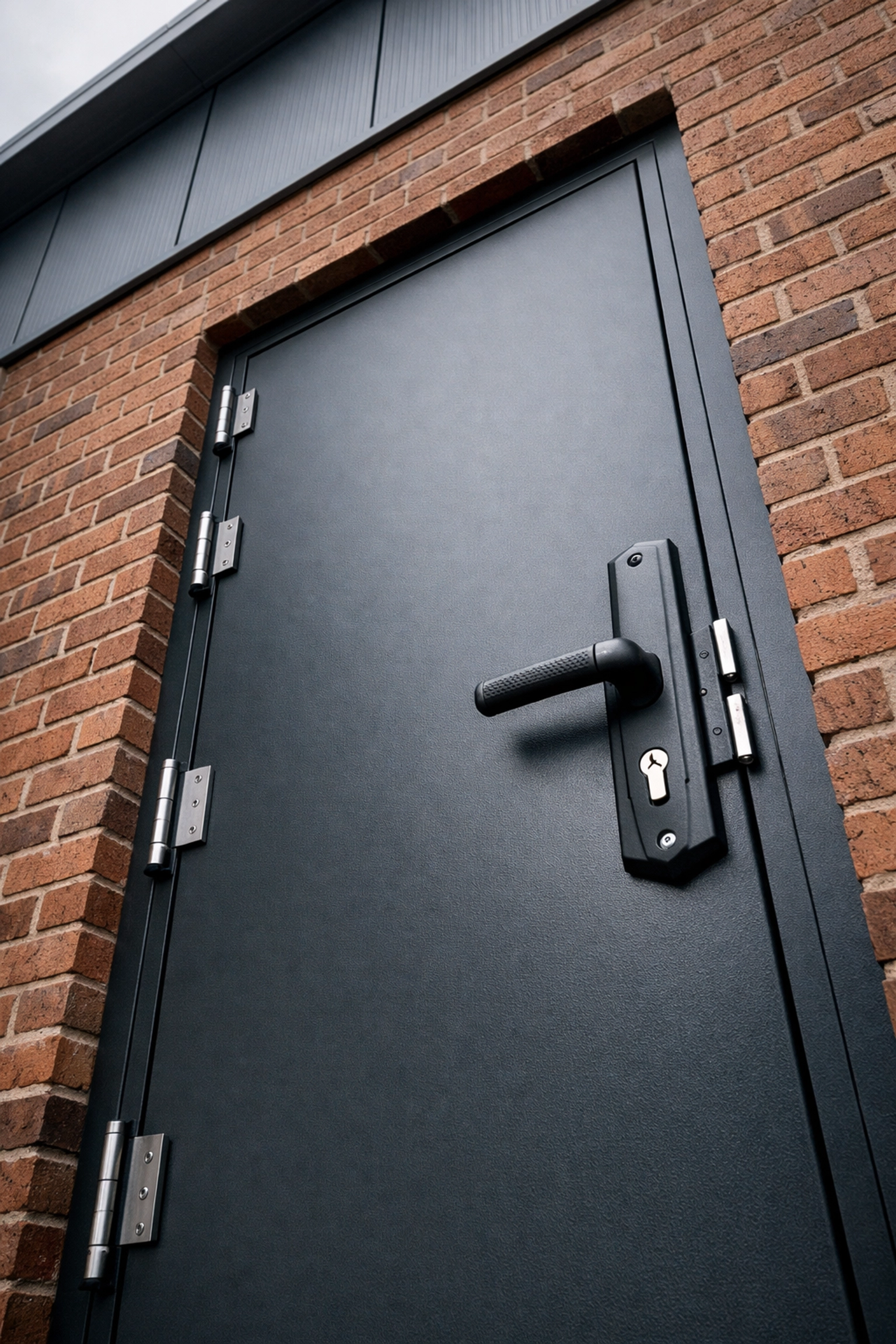 Reinforced charcoal steel security door installed on a traditional British brick business premises.