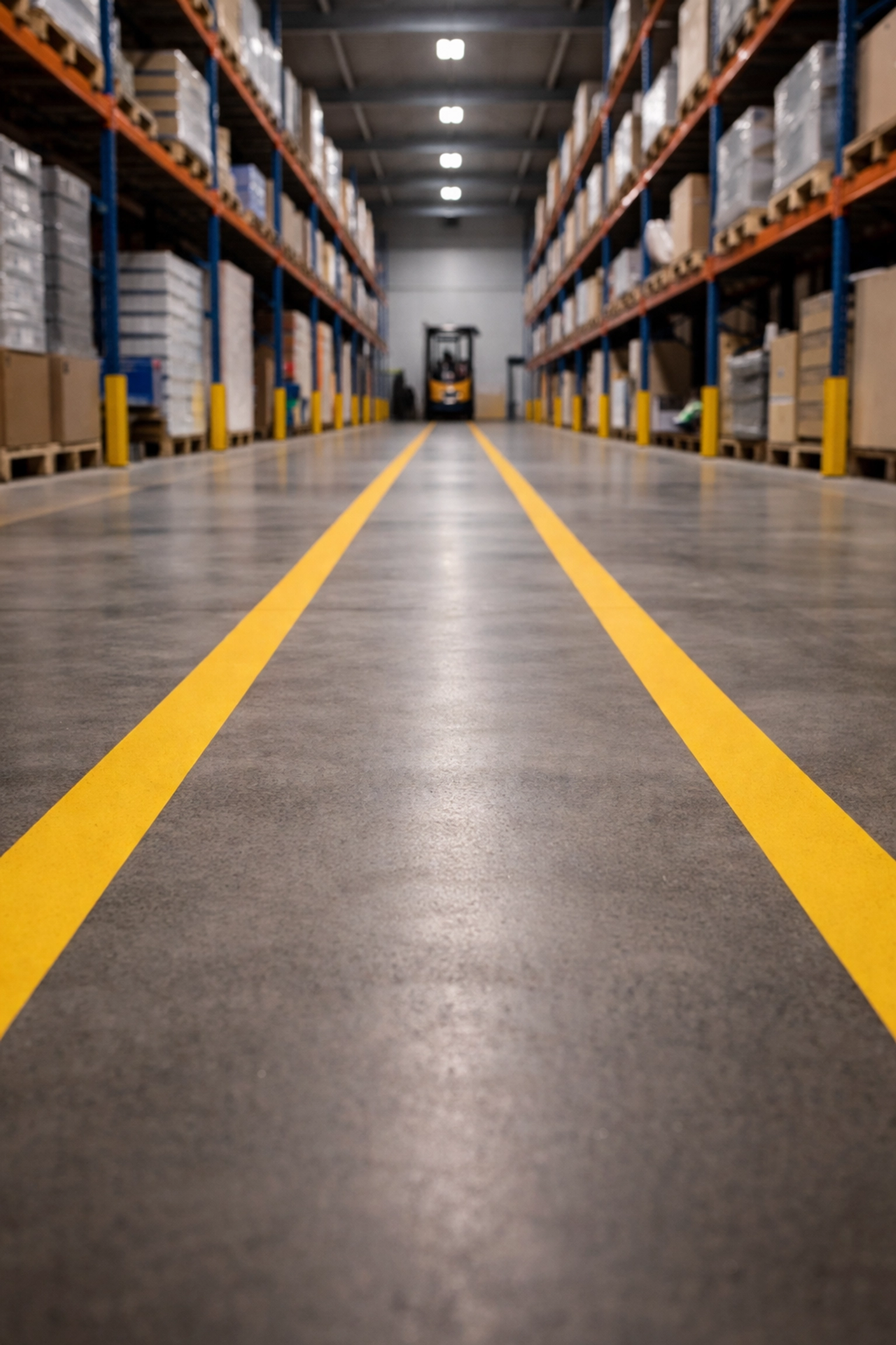 Wide-angle view of Atlanta industrial warehouse with compliant yellow aisle safety markings and clear traffic lanes