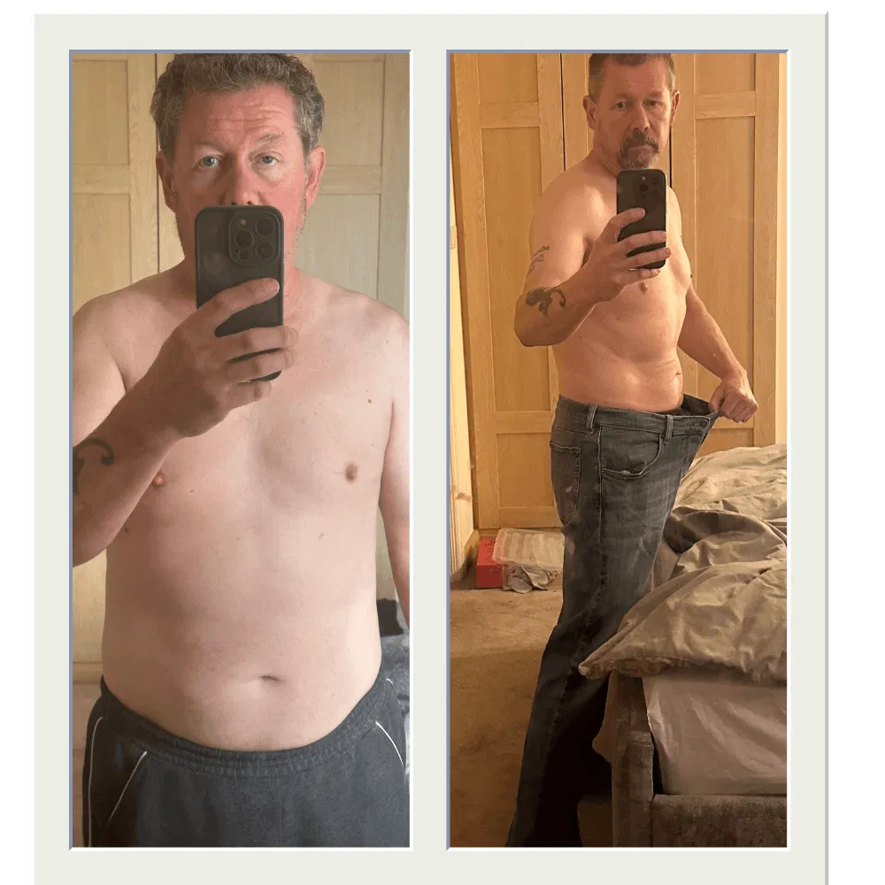 A mirror selfie transformation showing a man over 40 who has successfully leaned out and improved his body composition.