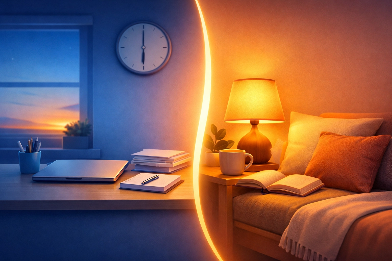 Peaceful transition from workspace to home showing work-life balance and rest