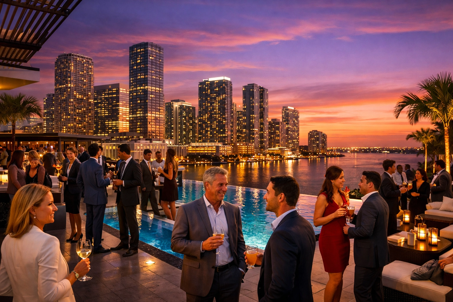 Corporate rooftop reception in Brickell Miami during the golden hour sunset.