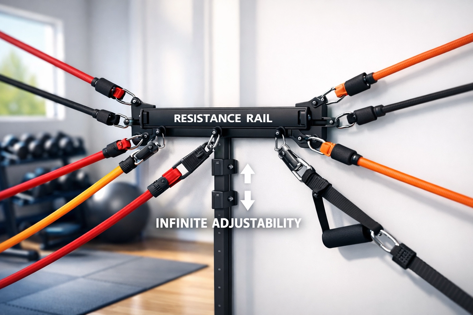 Resistance Rail with multiple resistance band anchor points for a versatile full body workout at home.
