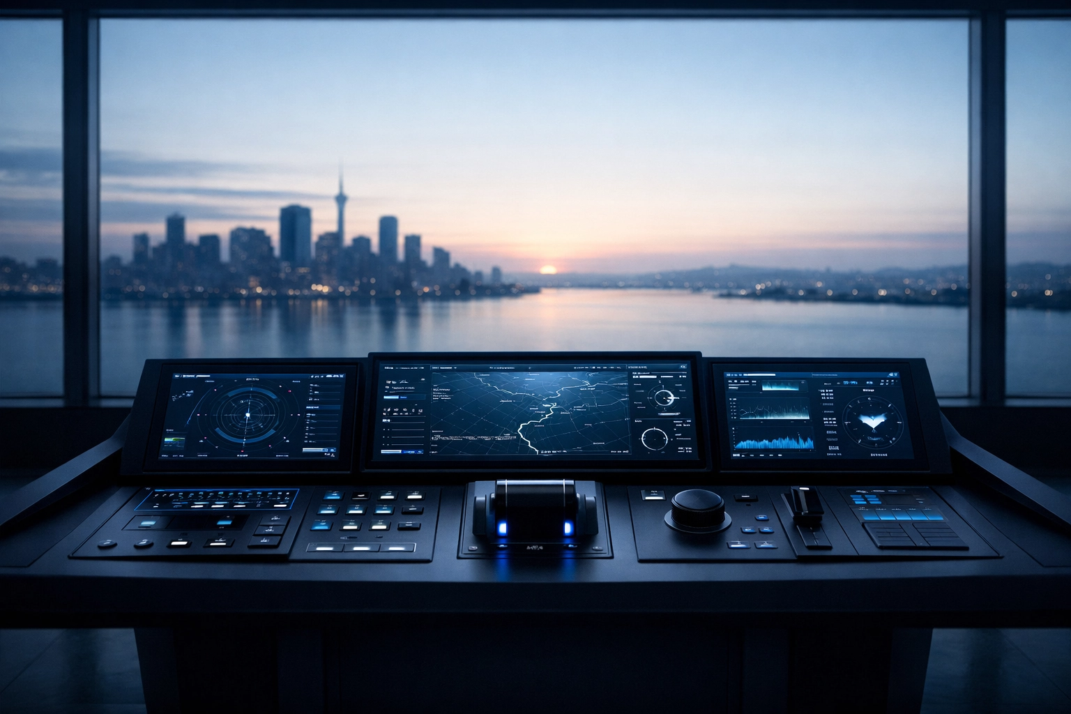 Modern control console overlooking a cityscape, representing financial clarity and strategic direction for growth.