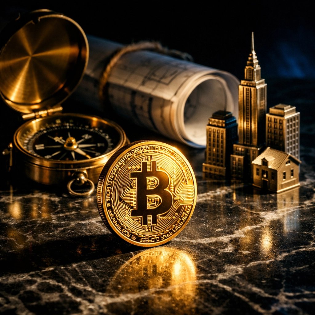 Bitcoin and traditional investment tools representing the blend of modern and classic wealth strategies
