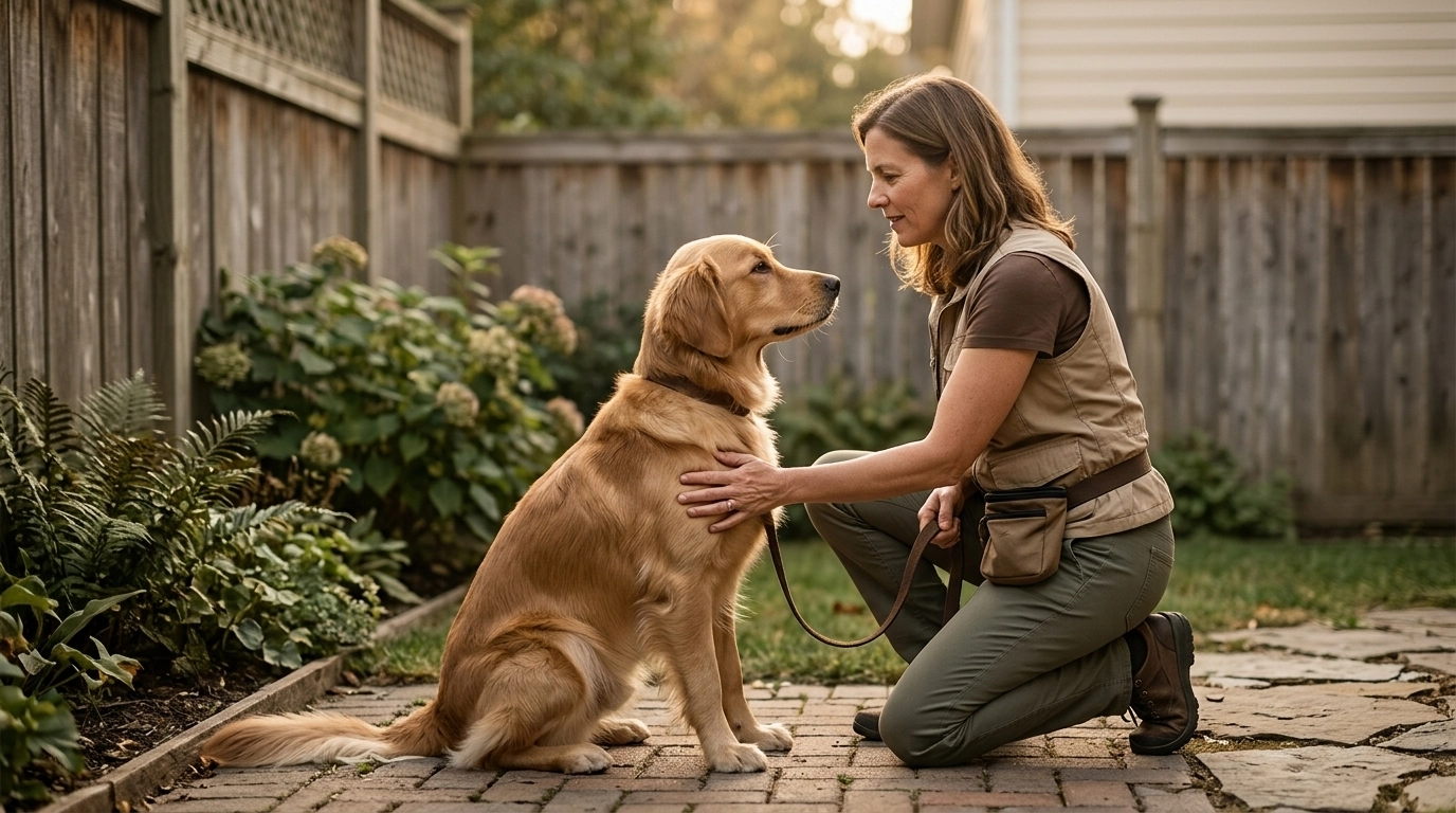 A professional dog trainer working one-on-one with a dog in a domestic setting with soft, natural light.