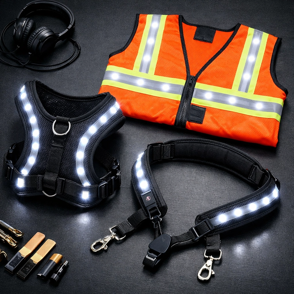 LED safety gear collection from DC's LEDs in Rochester Hills, including dog harnesses and safety vests.