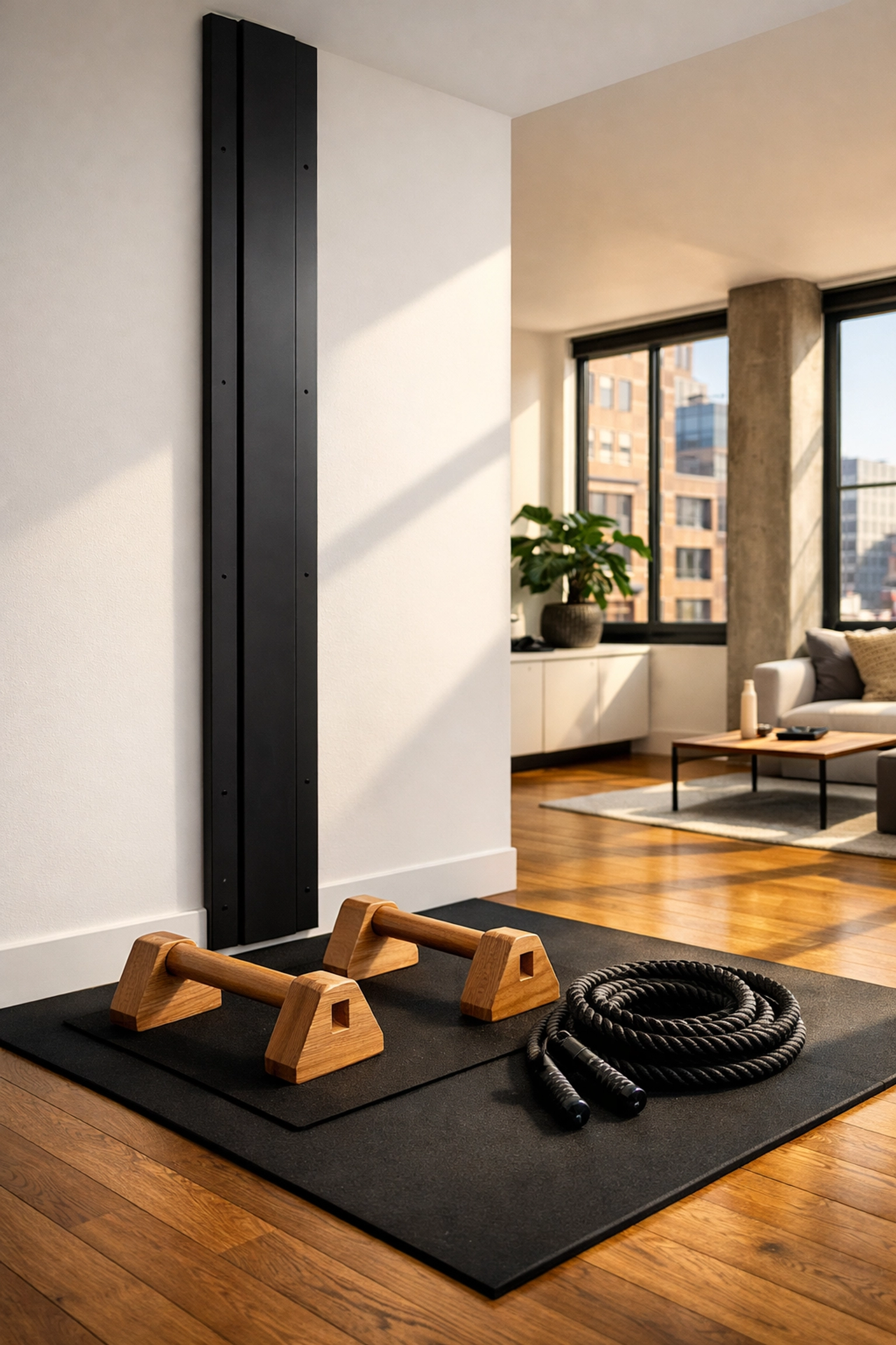Minimalist home gym featuring a no wall damage Resistance Rail and calisthenics equipment.