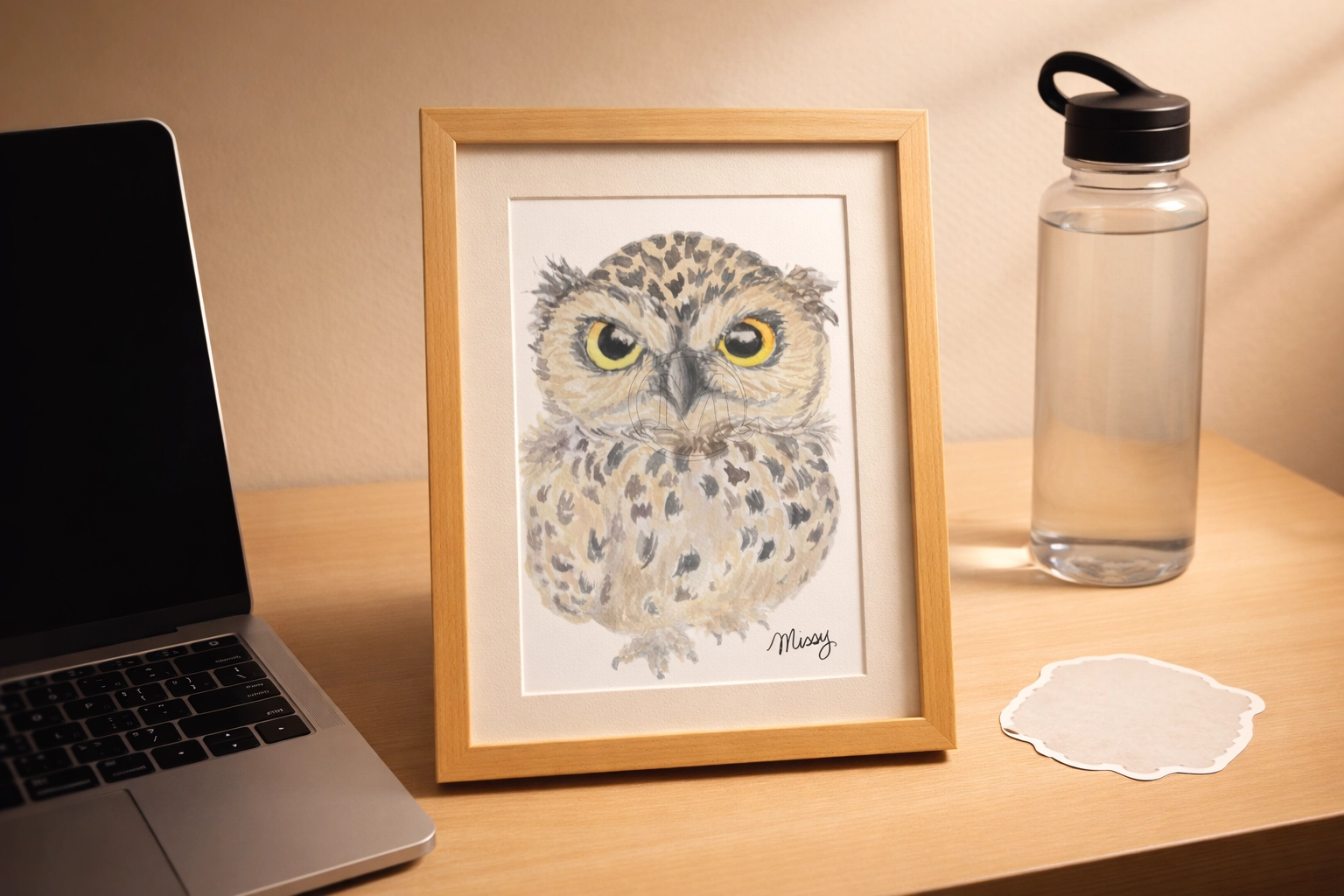 Burrowing owl watercolor print by Missy (with watermark), framed on a desk for a monthly art subscription display